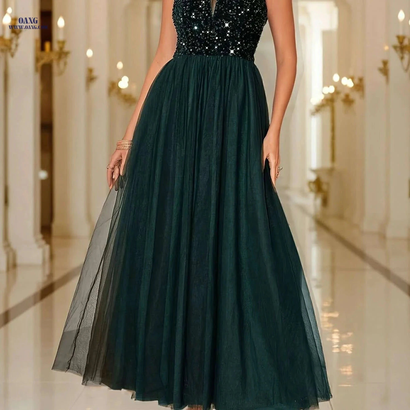 Elegant Sequin V-Neck A-Line Dress - Sleeveless Long Gown   OAXG 
