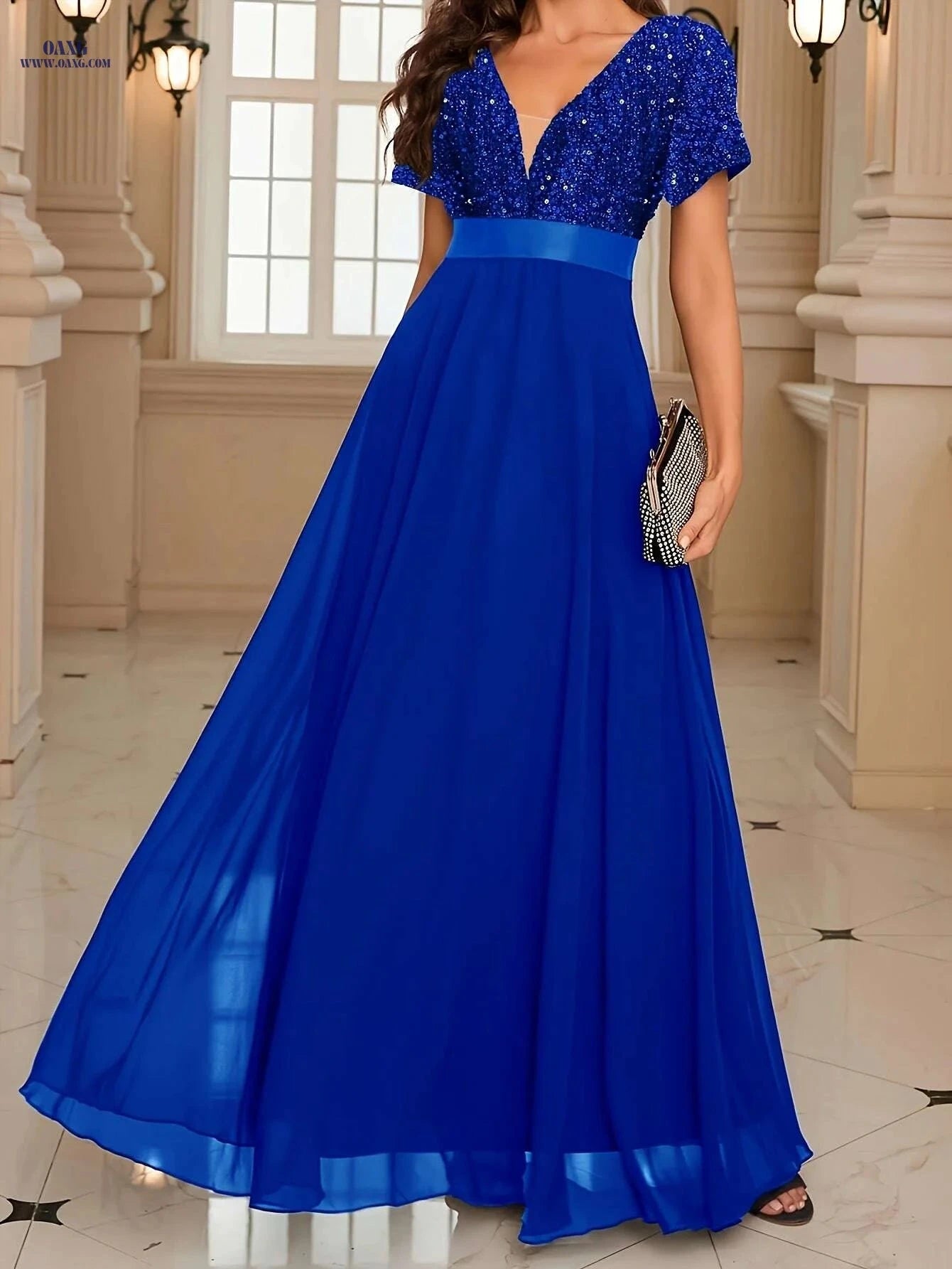 Elegant Sequin V-Neck Gown - Floor-Length Formal Party Dress   OAXG 