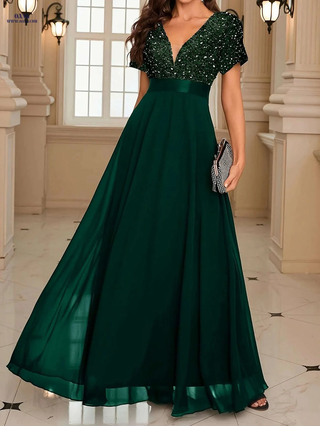 Elegant Sequin V-Neck Gown - Floor-Length Formal Party Dress   OAXG 