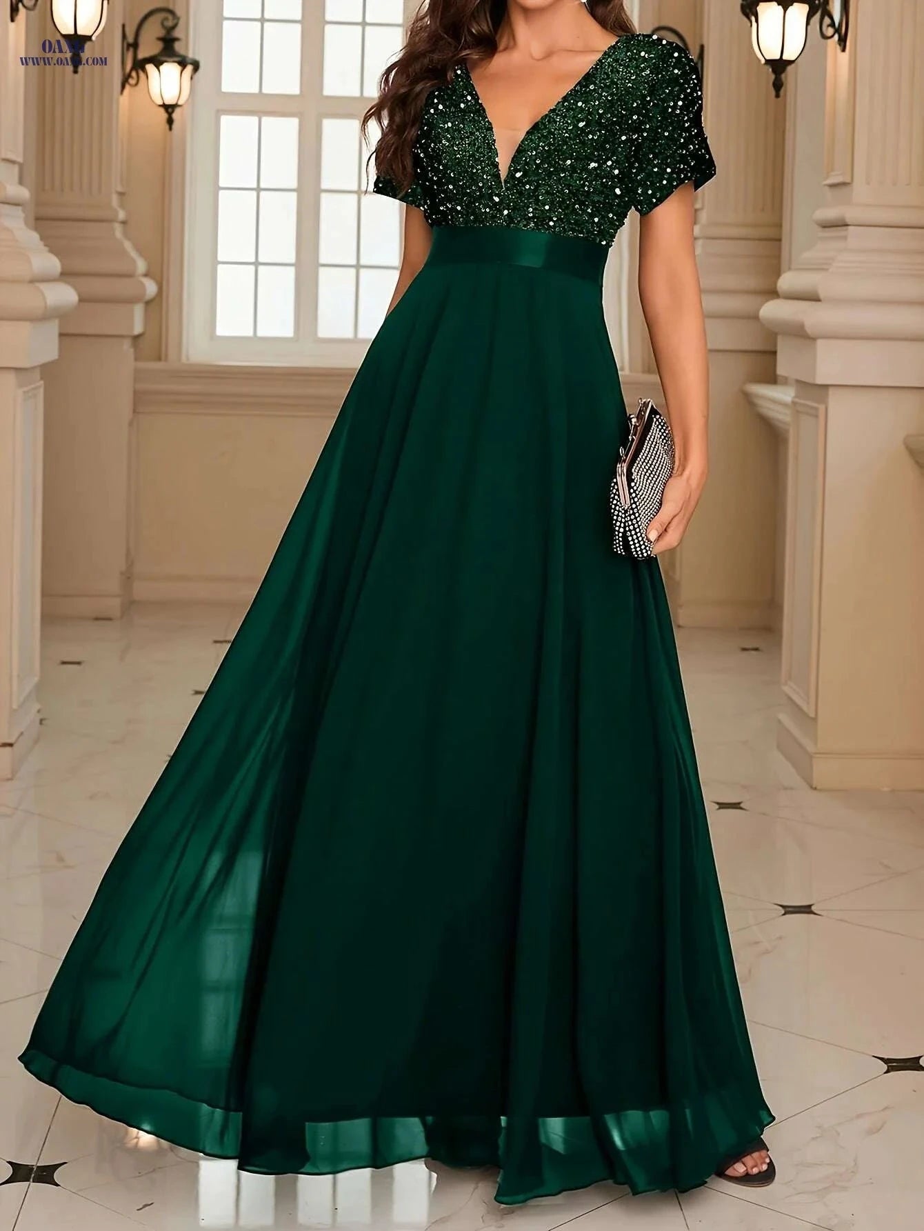Elegant Sequin V-Neck Gown - Floor-Length Formal Party Dress   OAXG 
