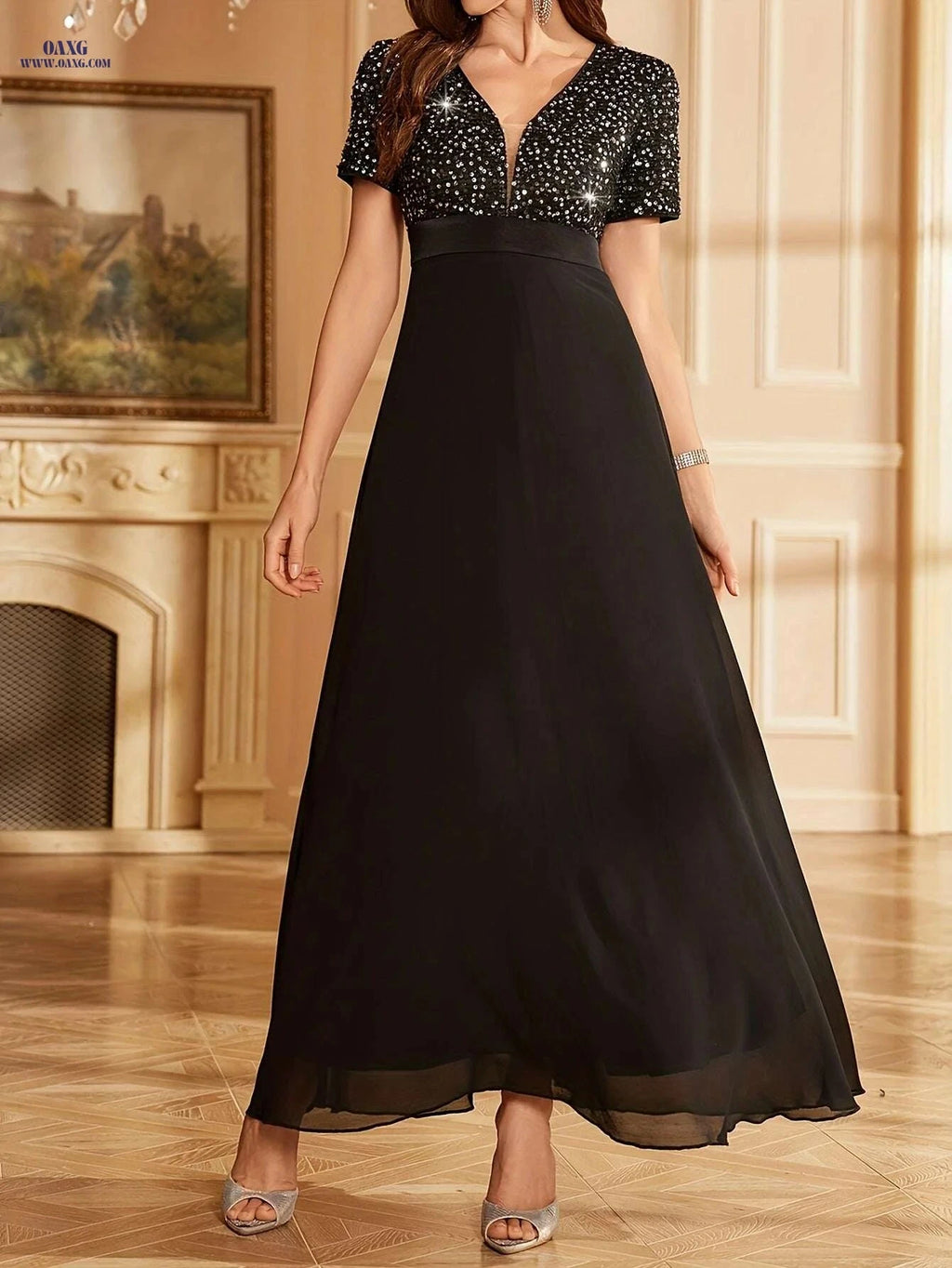 Elegant Sequin V-Neck Gown - Floor-Length Formal Party Dress   OAXG 
