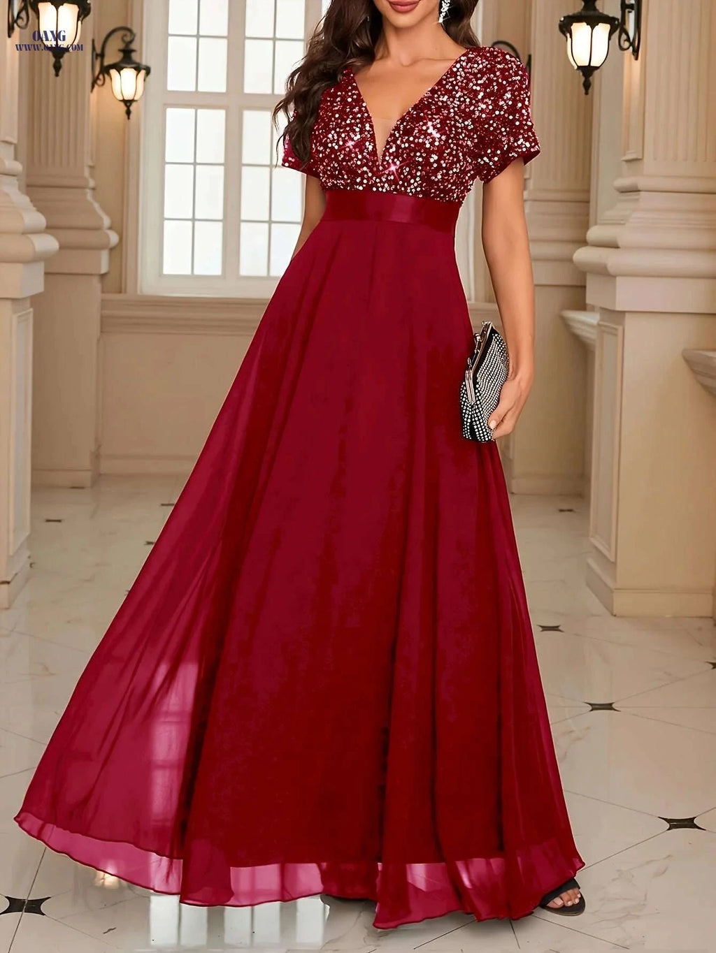 Elegant Sequin V-Neck Gown - Floor-Length Formal Party Dress   OAXG 