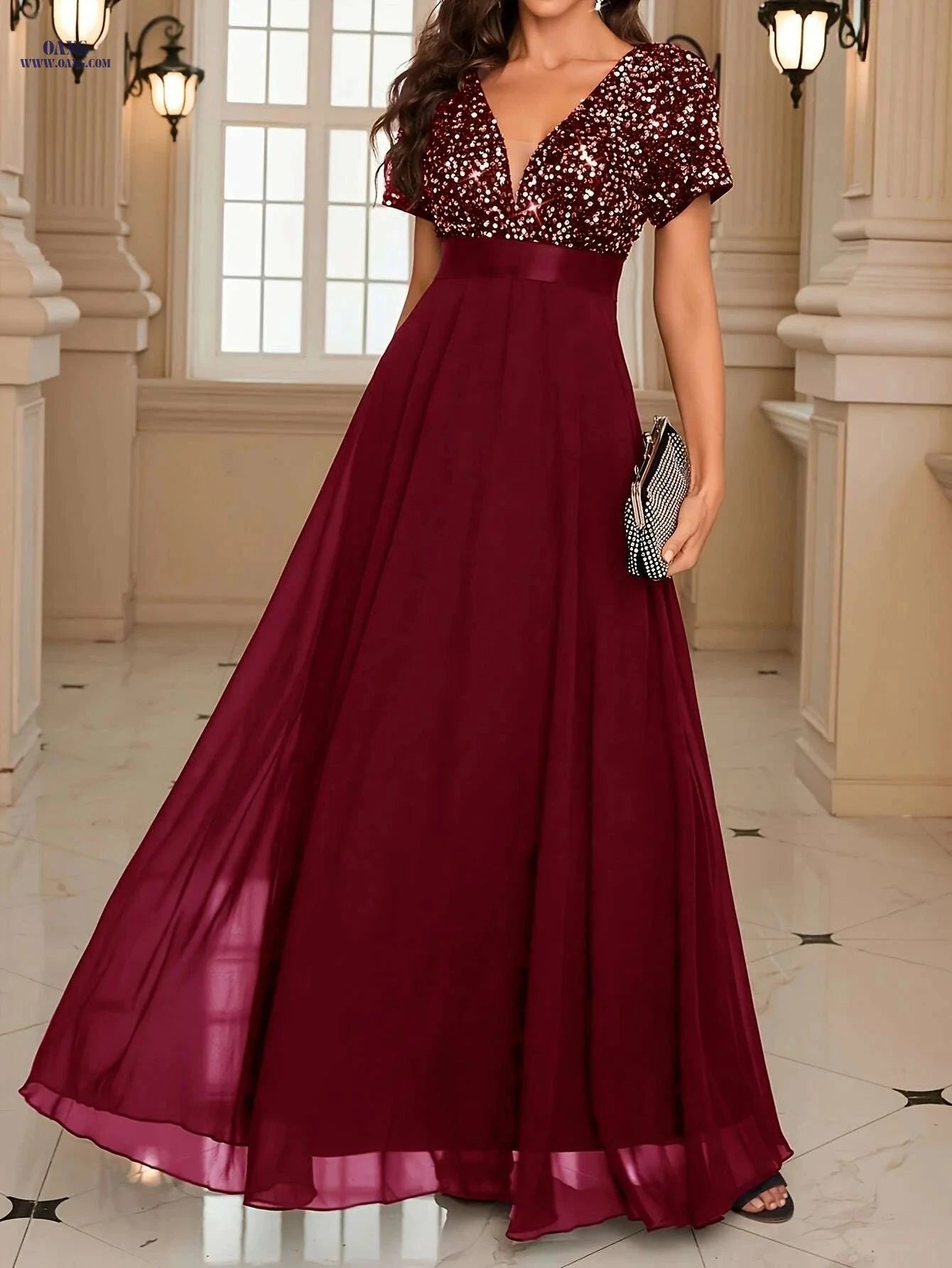 Elegant Sequin V-Neck Gown - Floor-Length Formal Party Dress   OAXG 