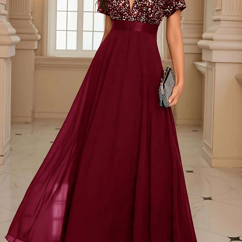 Elegant Sequin V-Neck Gown - Floor-Length Formal Party Dress   OAXG 