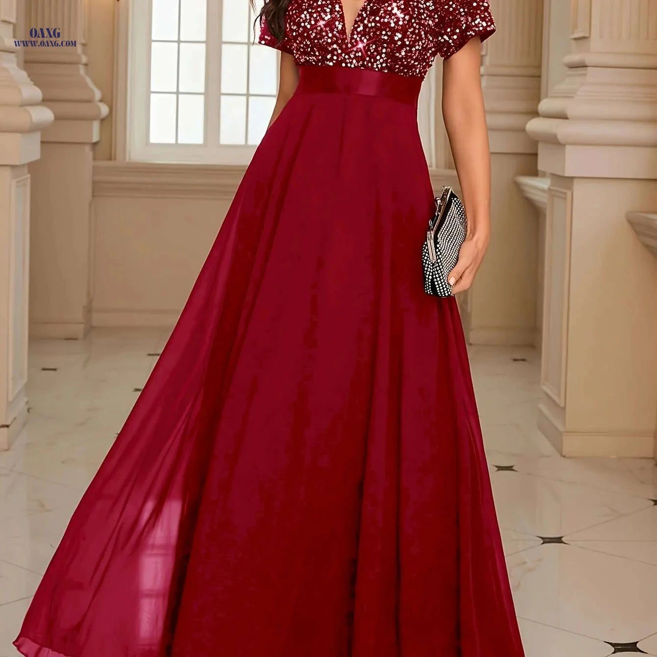 Elegant Sequin V-Neck Gown for Women - High Waist Floor-Length Dress   OAXG Dark Green / XS