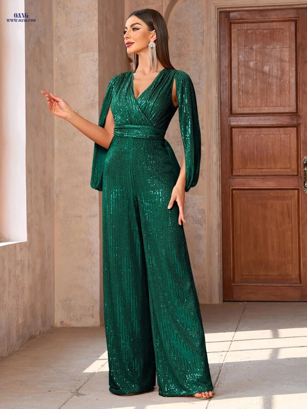 Elegant Sequin V-Neck Jumpsuit - Stylish for Parties & Events   OAXG Dark Green / S