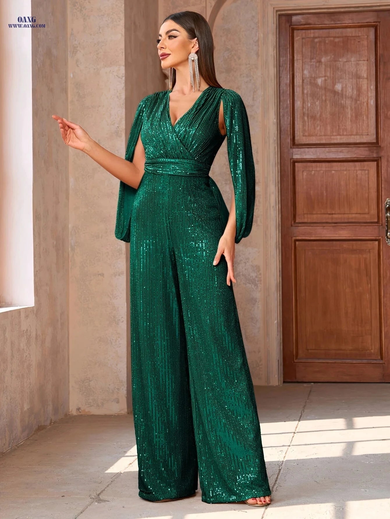 Elegant Sequin V-Neck Jumpsuit - Stylish for Parties & Events   OAXG Dark Green / S