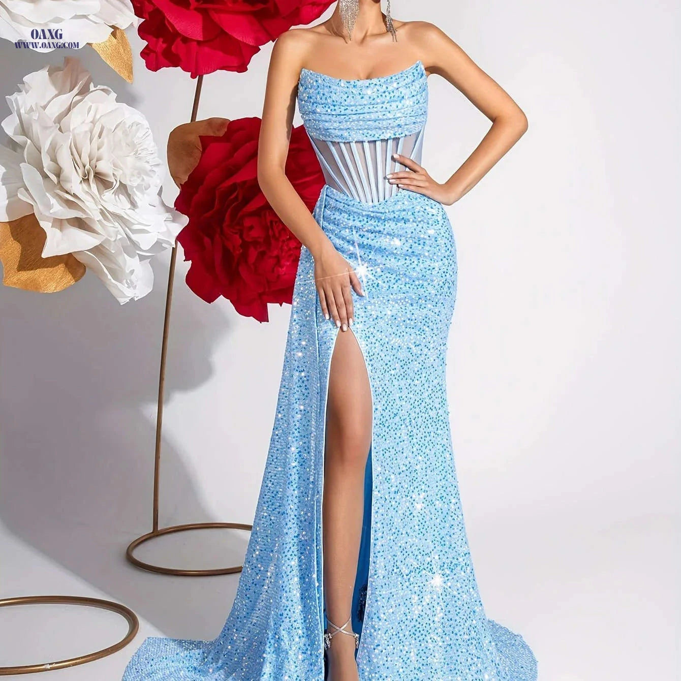 Elegant Sequined Bustier High-Waisted Dress - Backless & Slit Design   OAXG 
