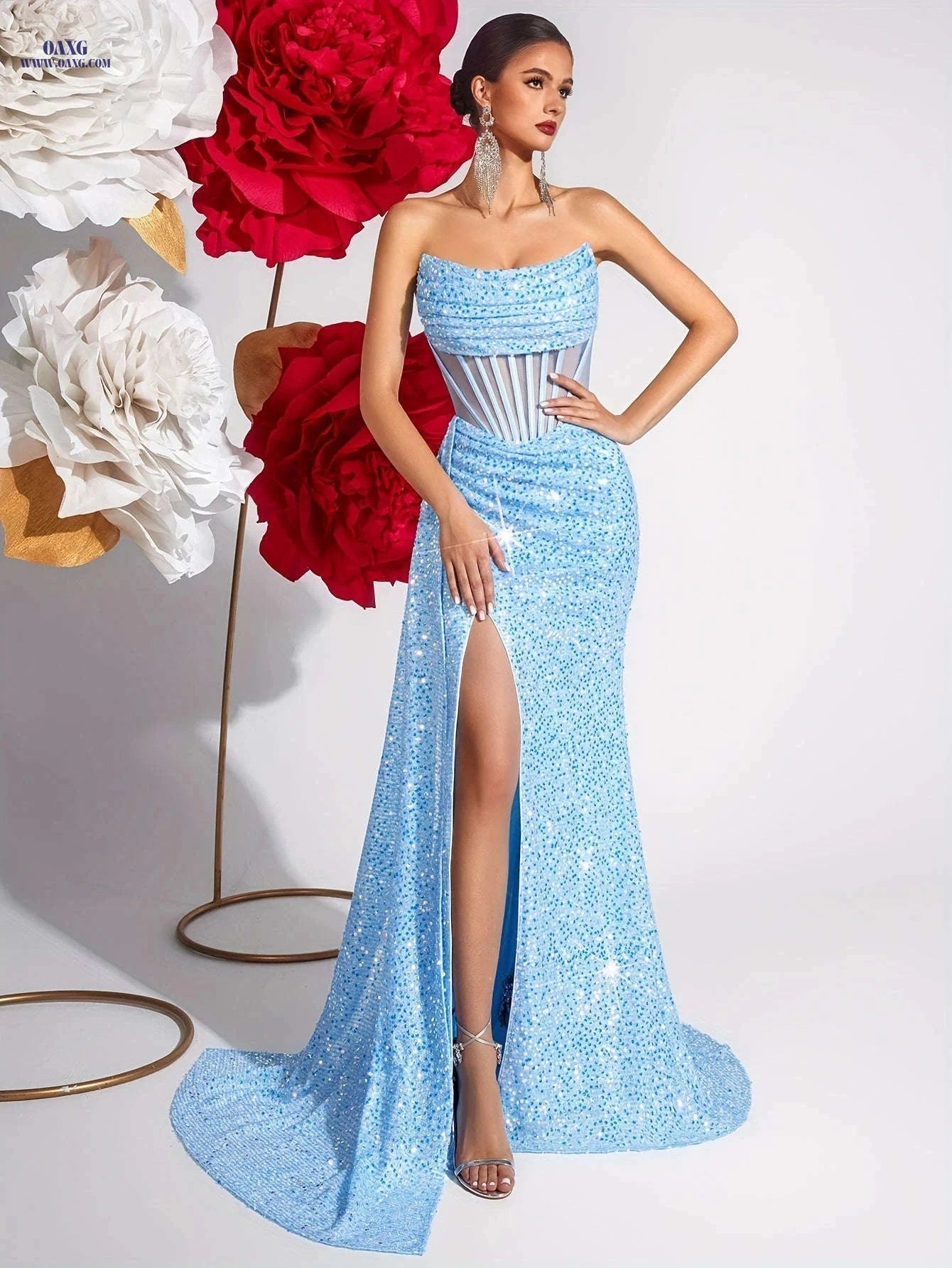 Elegant Sequined Bustier High-Waisted Dress - Backless & Slit Design   OAXG Black / XS