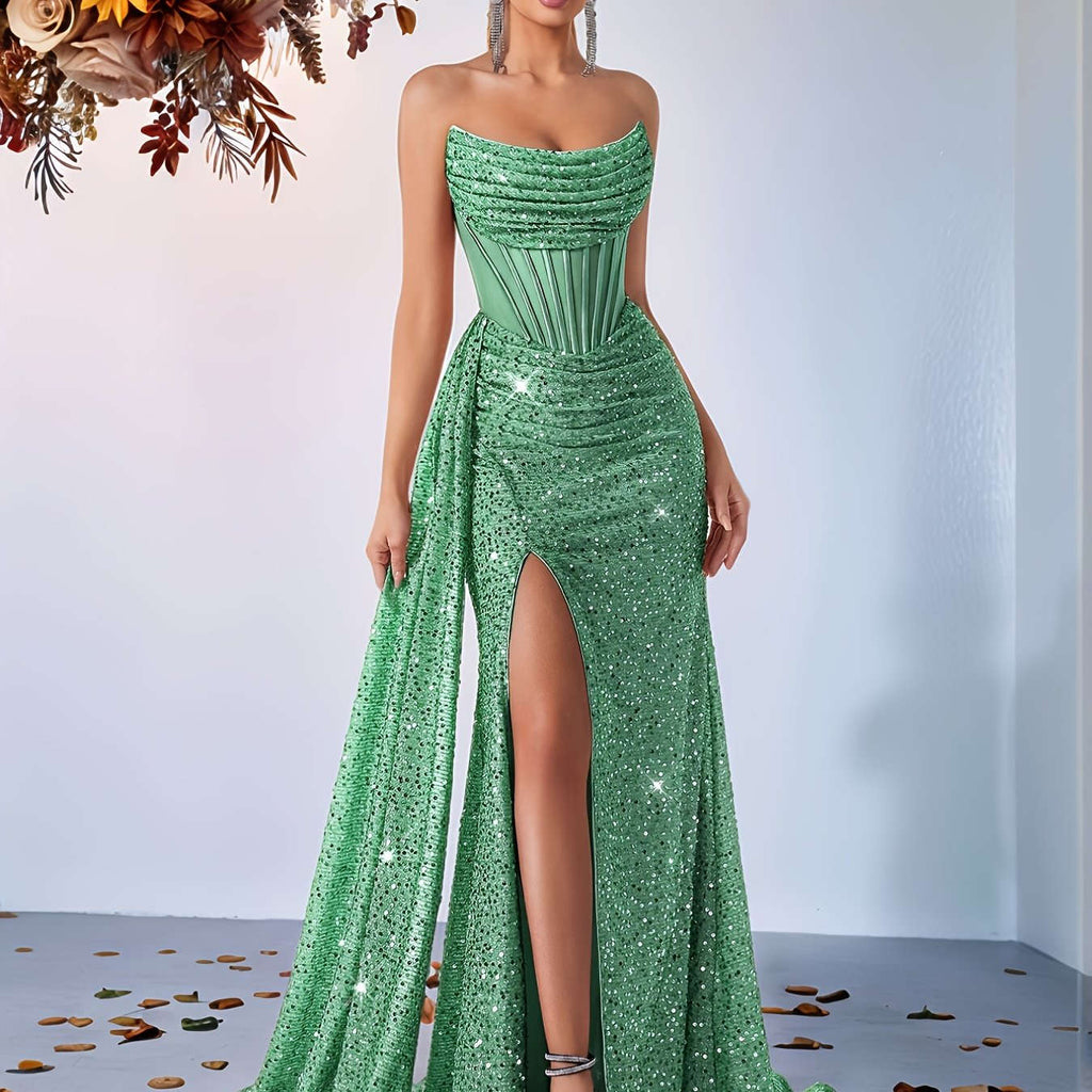 Elegant Sequined Bustier High-Waisted Dress - Backless & Slit Design   OAXG Black / XS