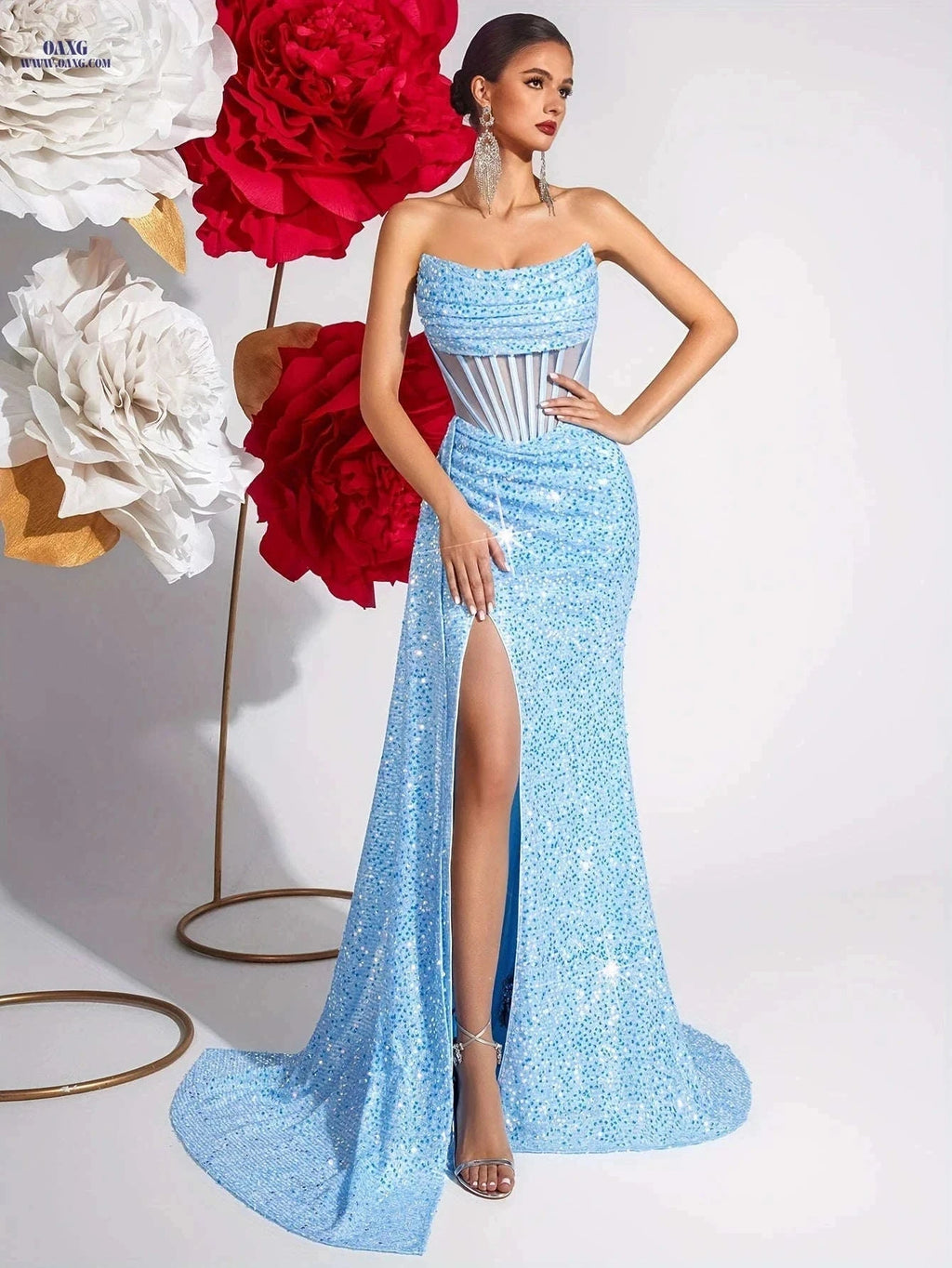 Elegant Sequined Bustier High-Waisted Dress - Backless & Slit Design   OAXG Black / XS