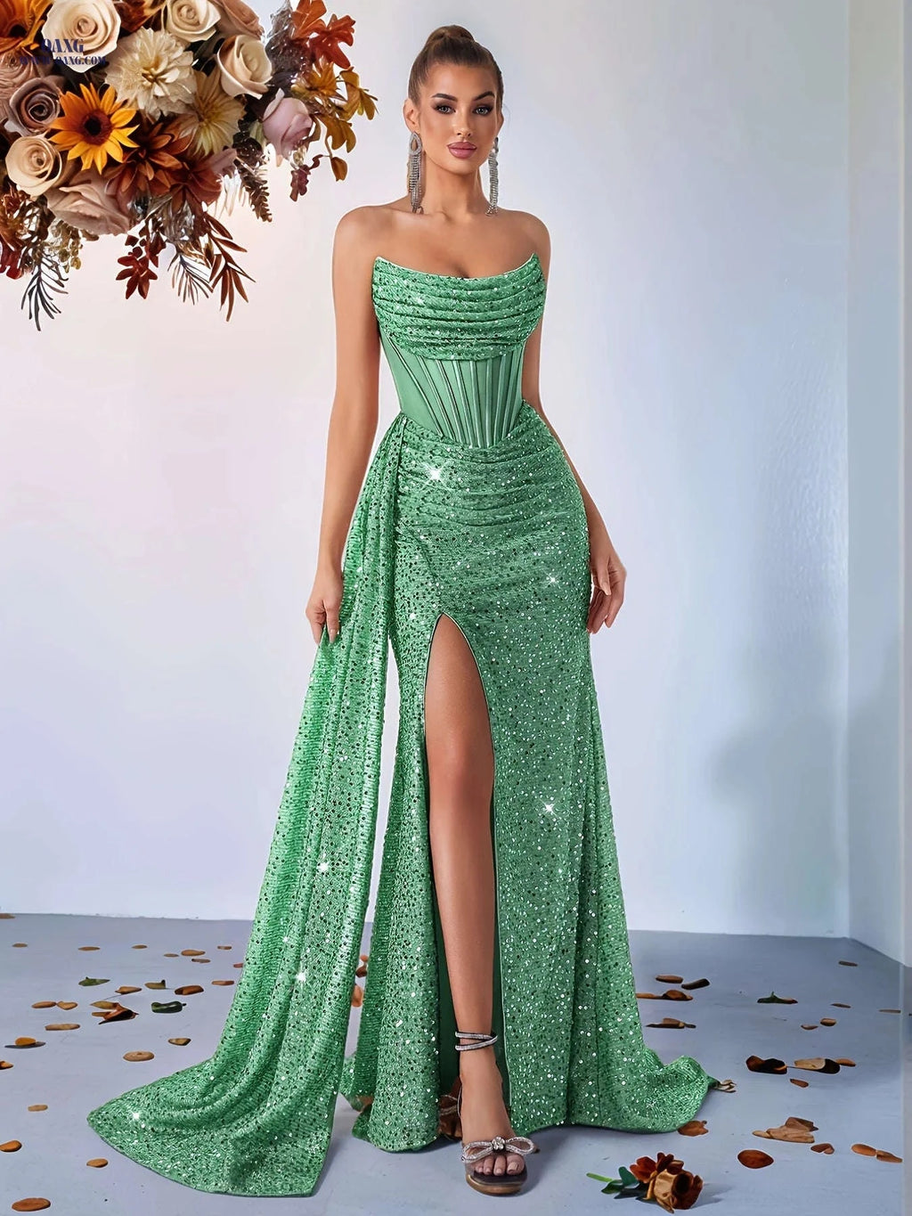 Elegant Sequined Bustier High-Waisted Dress - Backless & Slit Design   OAXG Black / XS