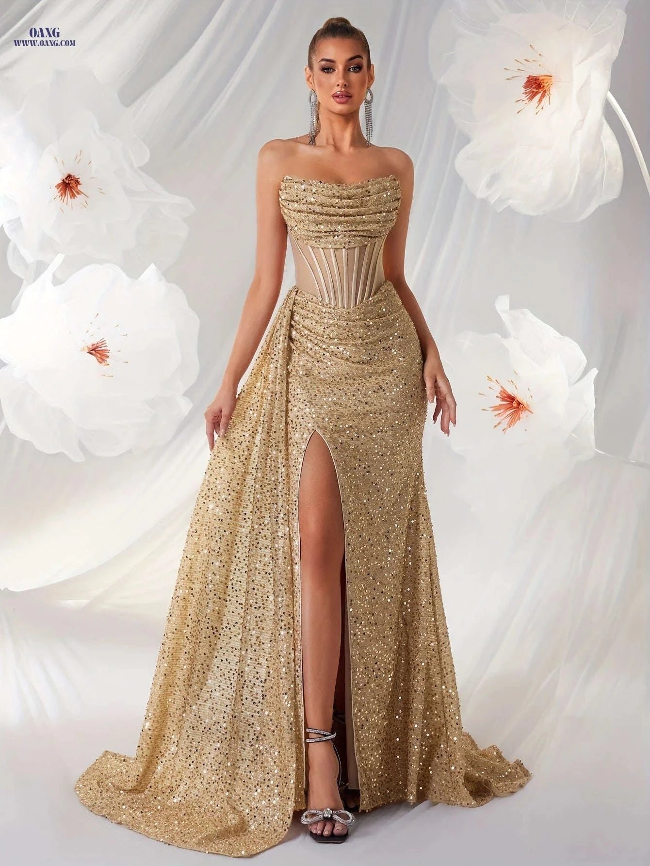 Elegant Sequined Bustier High-Waisted Dress - Backless & Slit Design   OAXG 