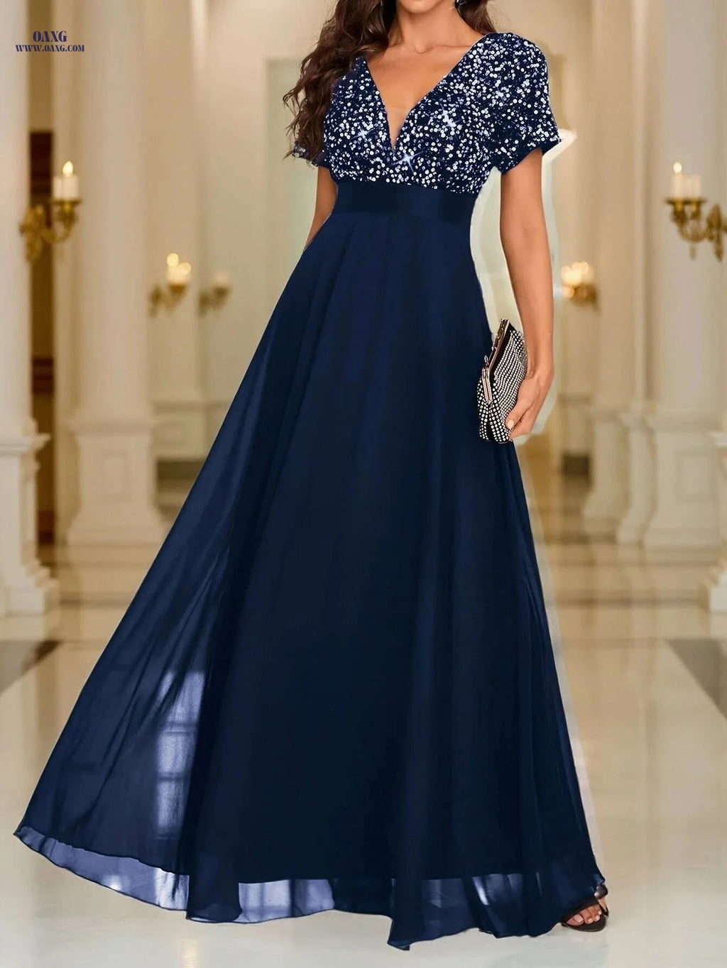 Elegant Sequined Formal Dress - V-Neck Chiffon Gown for Events   OAXG 