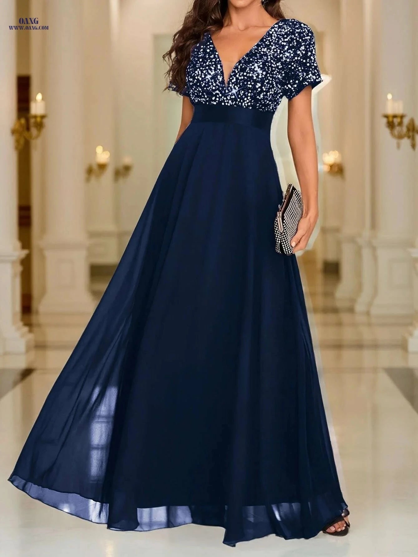 Elegant Sequined Formal Dress - V-Neck Chiffon Gown for Events   OAXG 