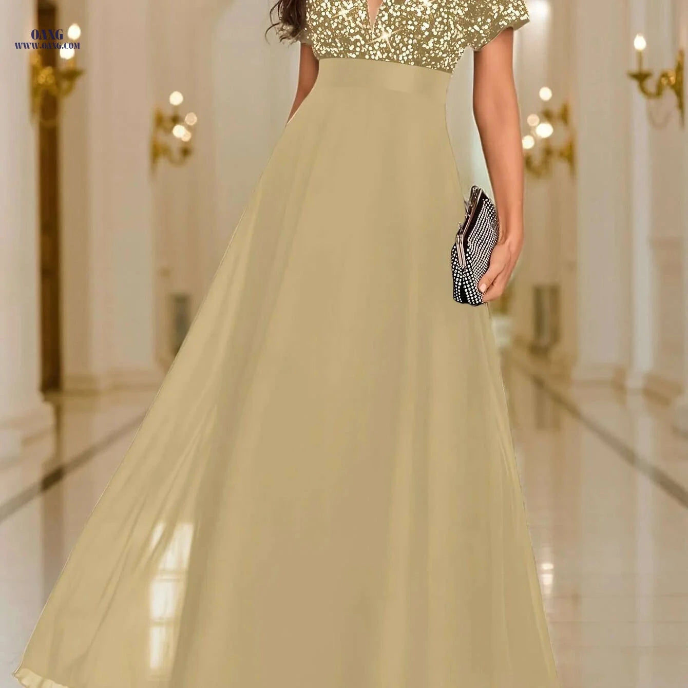 Elegant Sequined Formal Dress - V-Neck Chiffon Gown for Events   OAXG 