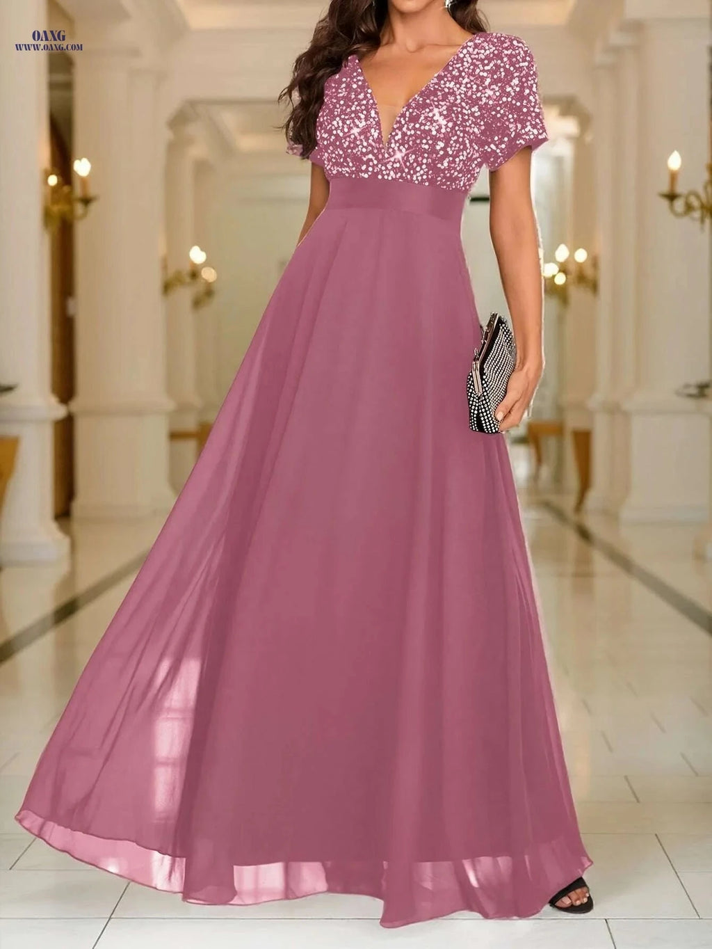 Elegant Sequined Formal Dress - V-Neck Chiffon Gown for Events   OAXG Black / S