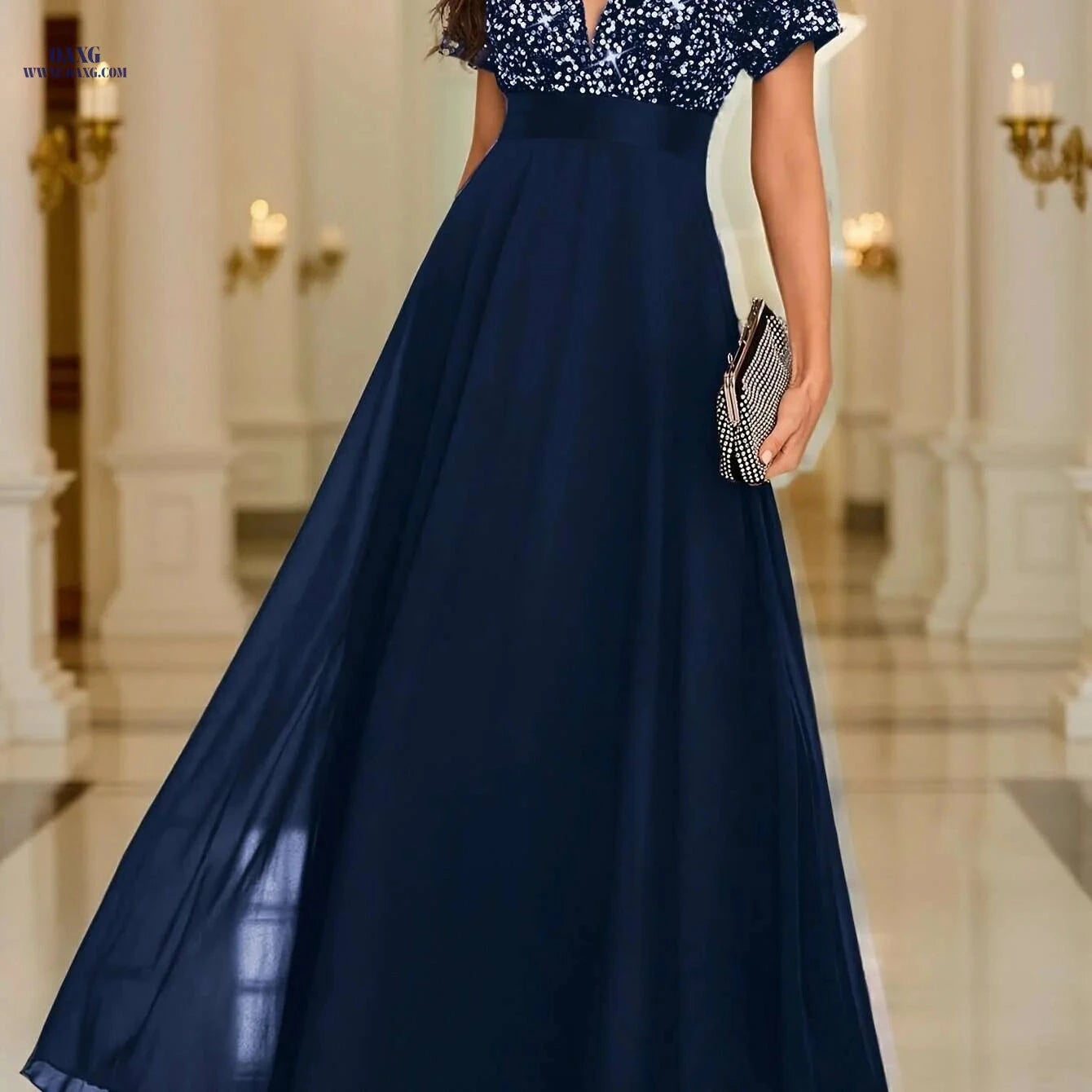 Elegant Sequined Formal Dress - V-Neck Chiffon Gown for Events   OAXG 