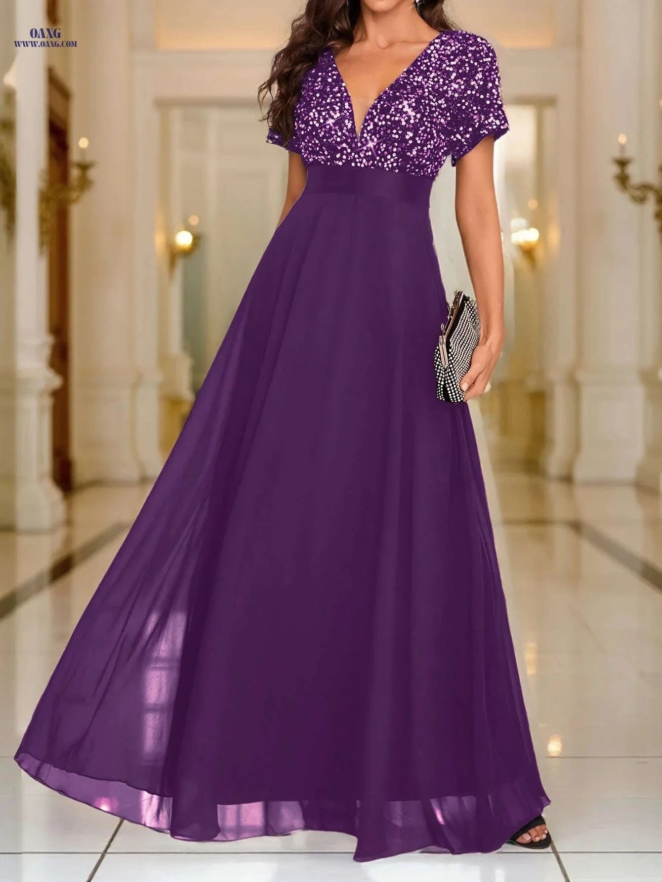 Elegant Sequined Formal Gown - V-Neck, Short Sleeves for Events   OAXG 