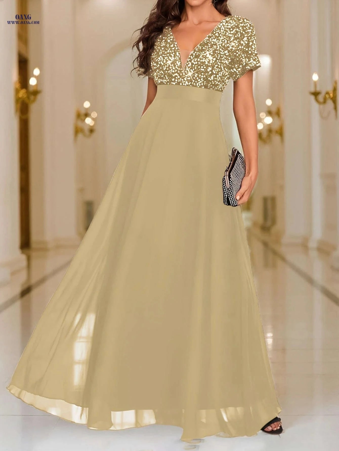 Elegant Sequined Formal Gown - V-Neck, Short Sleeves for Events   OAXG 