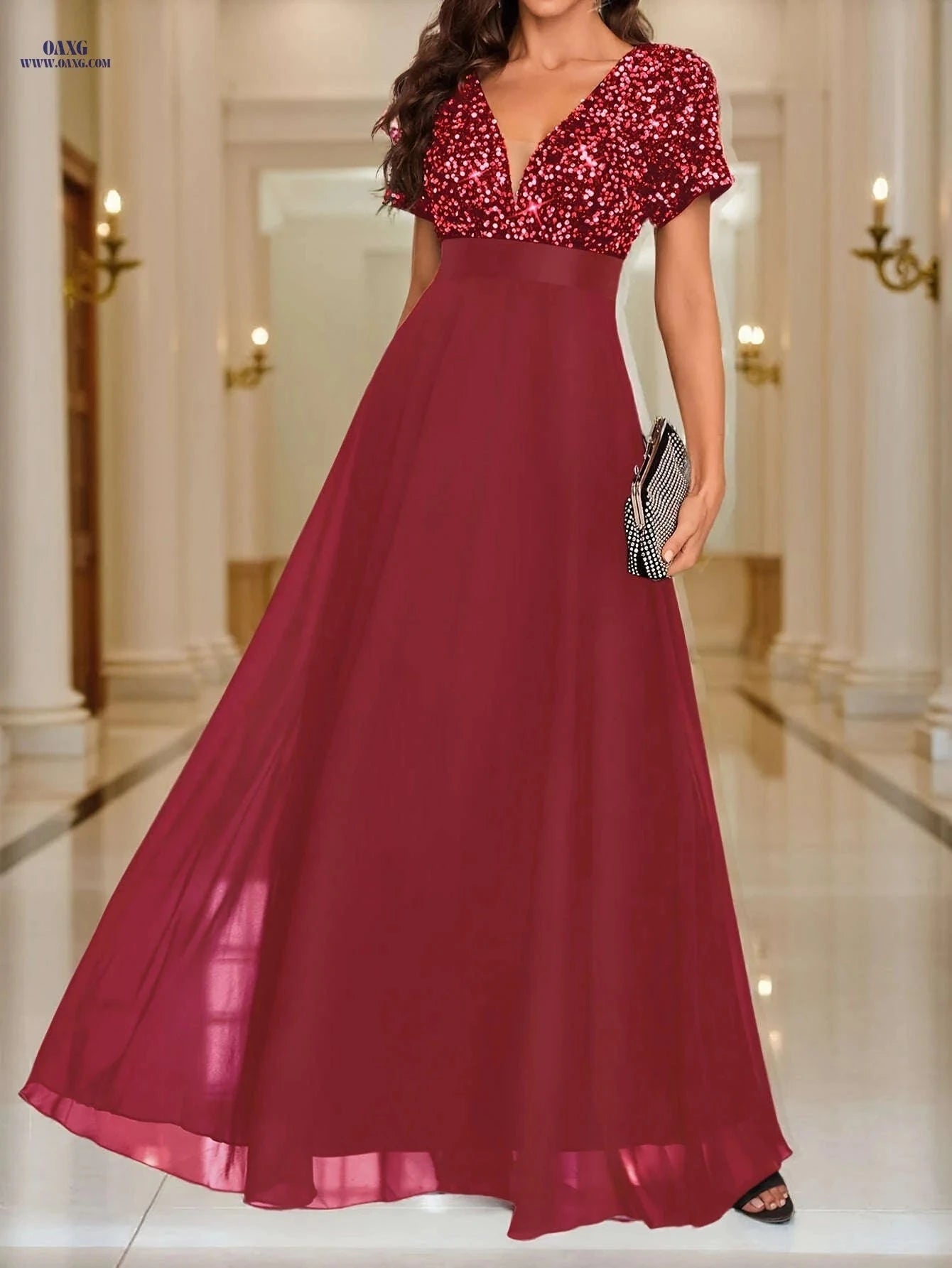 Elegant Sequined Formal Gown - V-Neck, Short Sleeves for Events   OAXG 