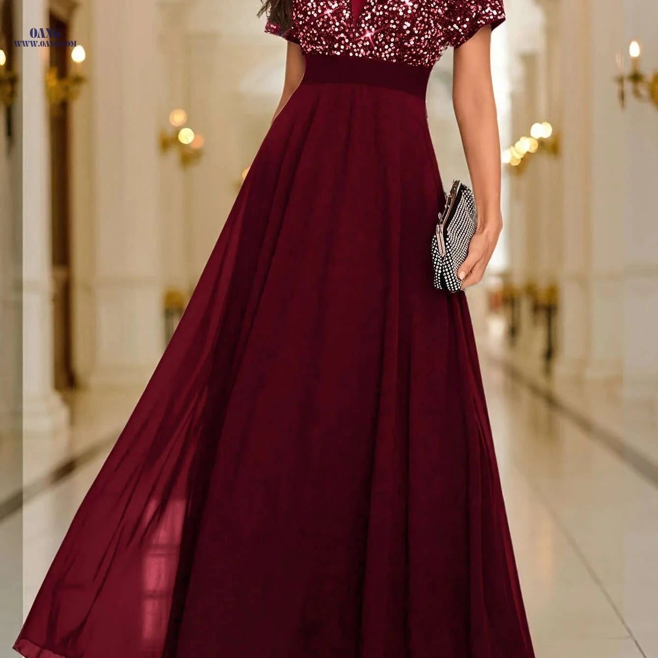 Elegant Sequined Formal Gown - V-Neck, Short Sleeves for Events   OAXG 