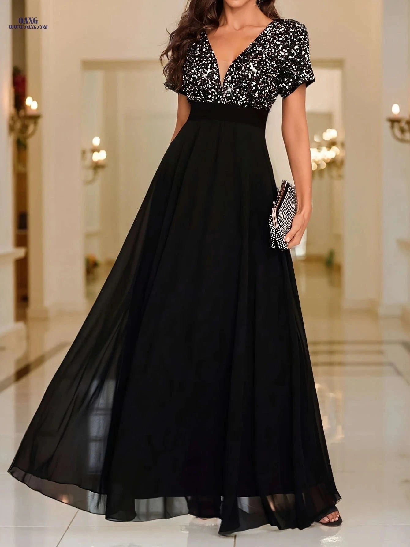 Elegant Sequined Formal Gown - V-Neck, Short Sleeves for Events   OAXG Light Gold / XS