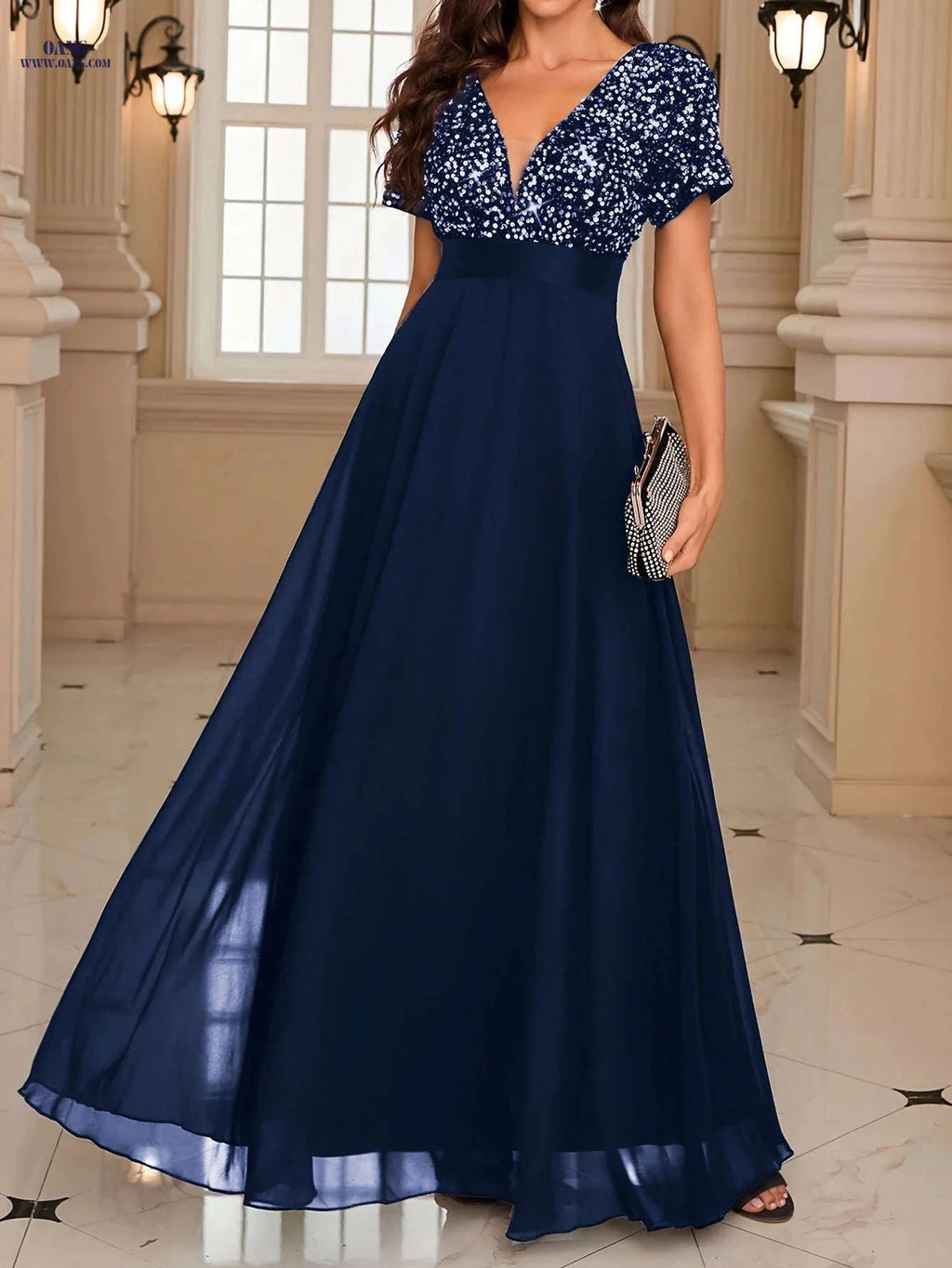 Elegant Sequined Formal Gown - V-Neck, Short Sleeves for Events   OAXG 