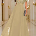 Elegant Sequined Formal Gown - V-Neck, Short Sleeves for Events   OAXG 