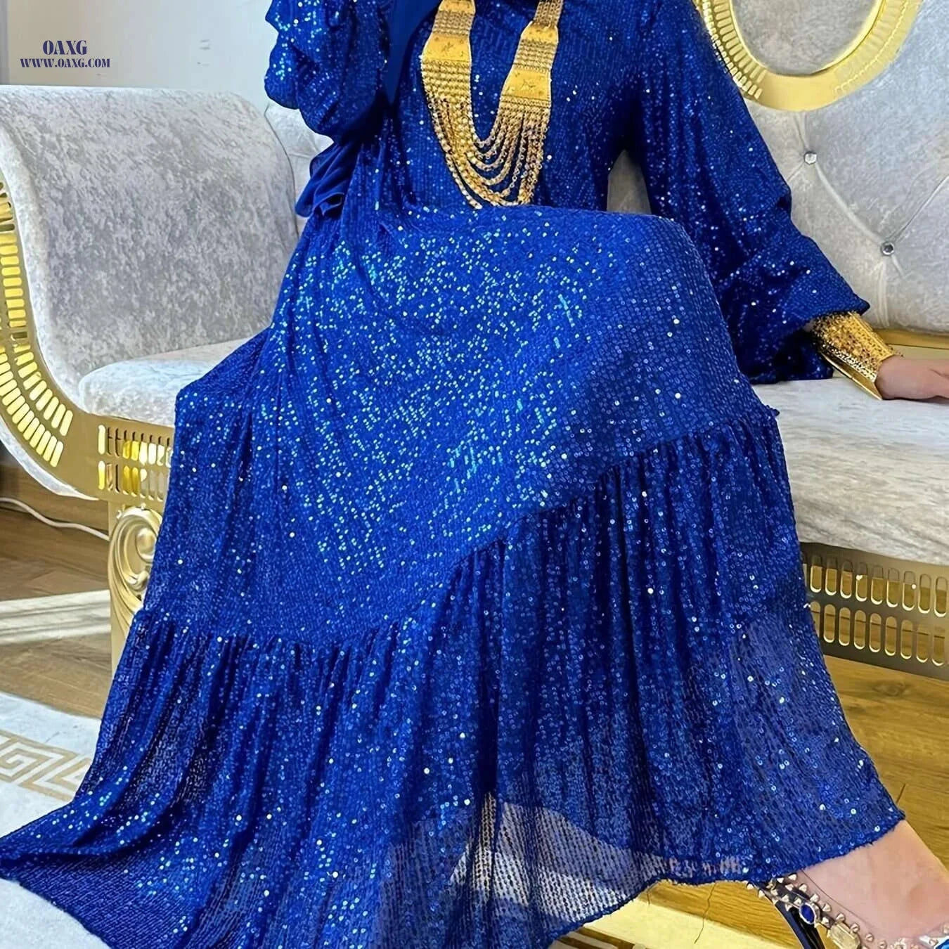 Elegant Sequined Lantern Sleeve Kaftan Dress - Maxi Length Women's Style   OAXG 