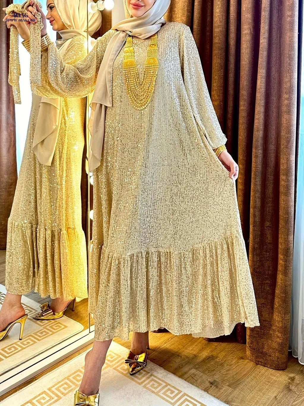 Elegant Sequined Lantern Sleeve Kaftan Dress - Maxi Length Women's Style   OAXG 