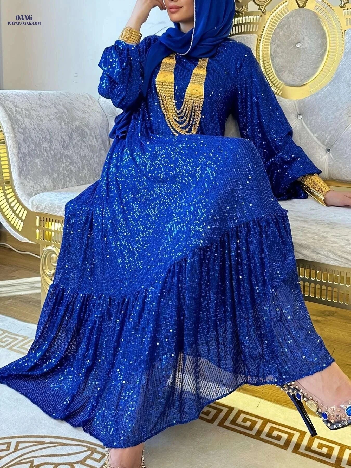Elegant Sequined Lantern Sleeve Kaftan Dress - Maxi Length Women's Style   OAXG Black / S
