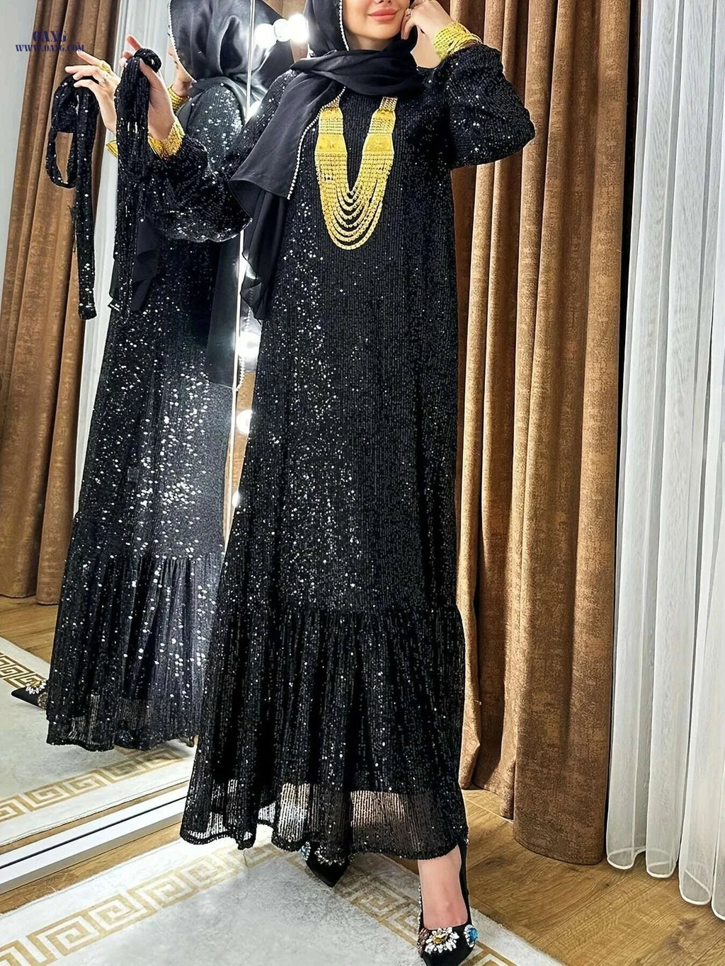 Elegant Sequined Lantern Sleeve Kaftan Dress - Maxi Length Women's Style   OAXG Black / S