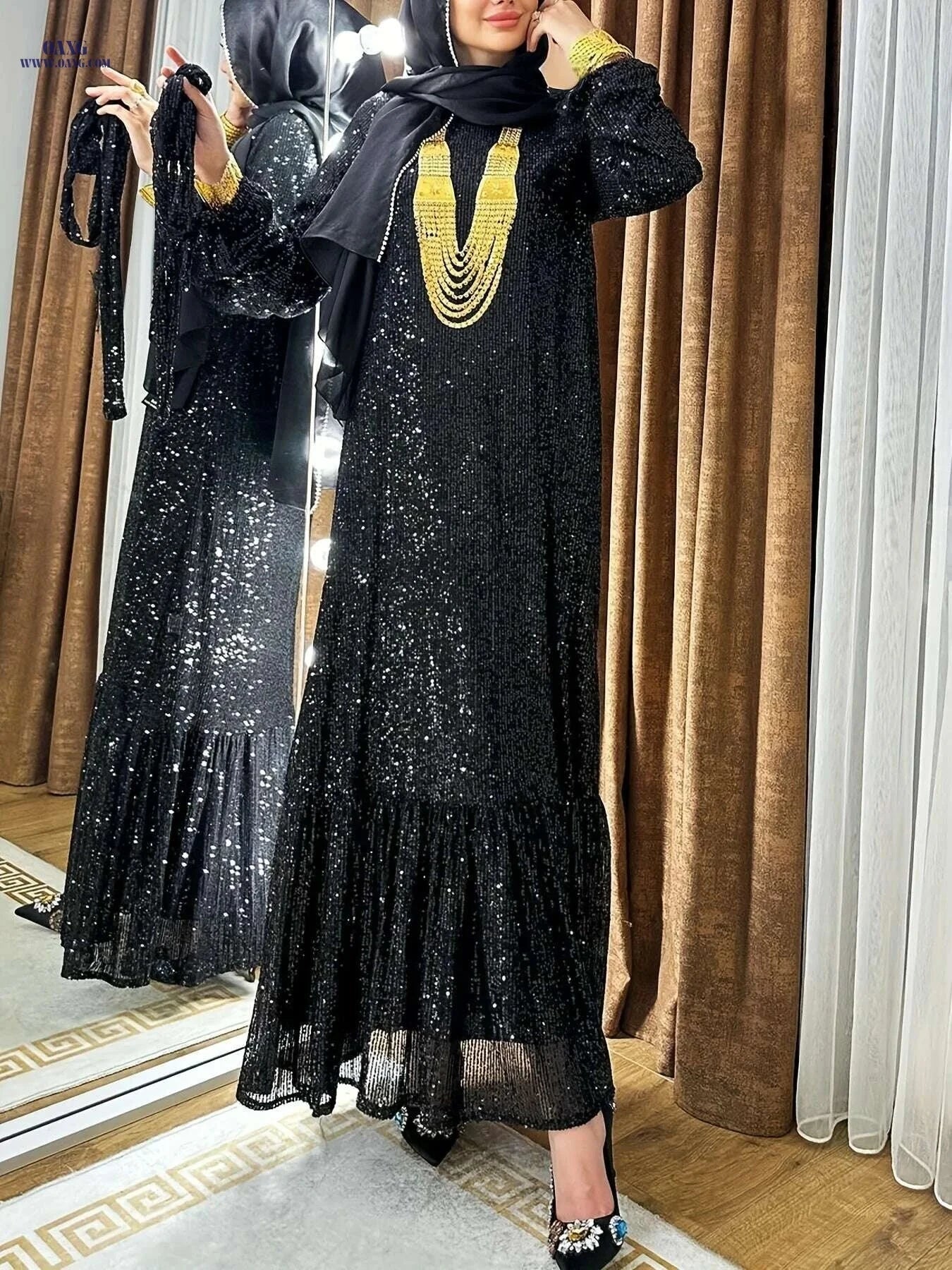 Elegant Sequined Lantern Sleeve Kaftan Dress - Maxi Length Women's Style   OAXG Black / S