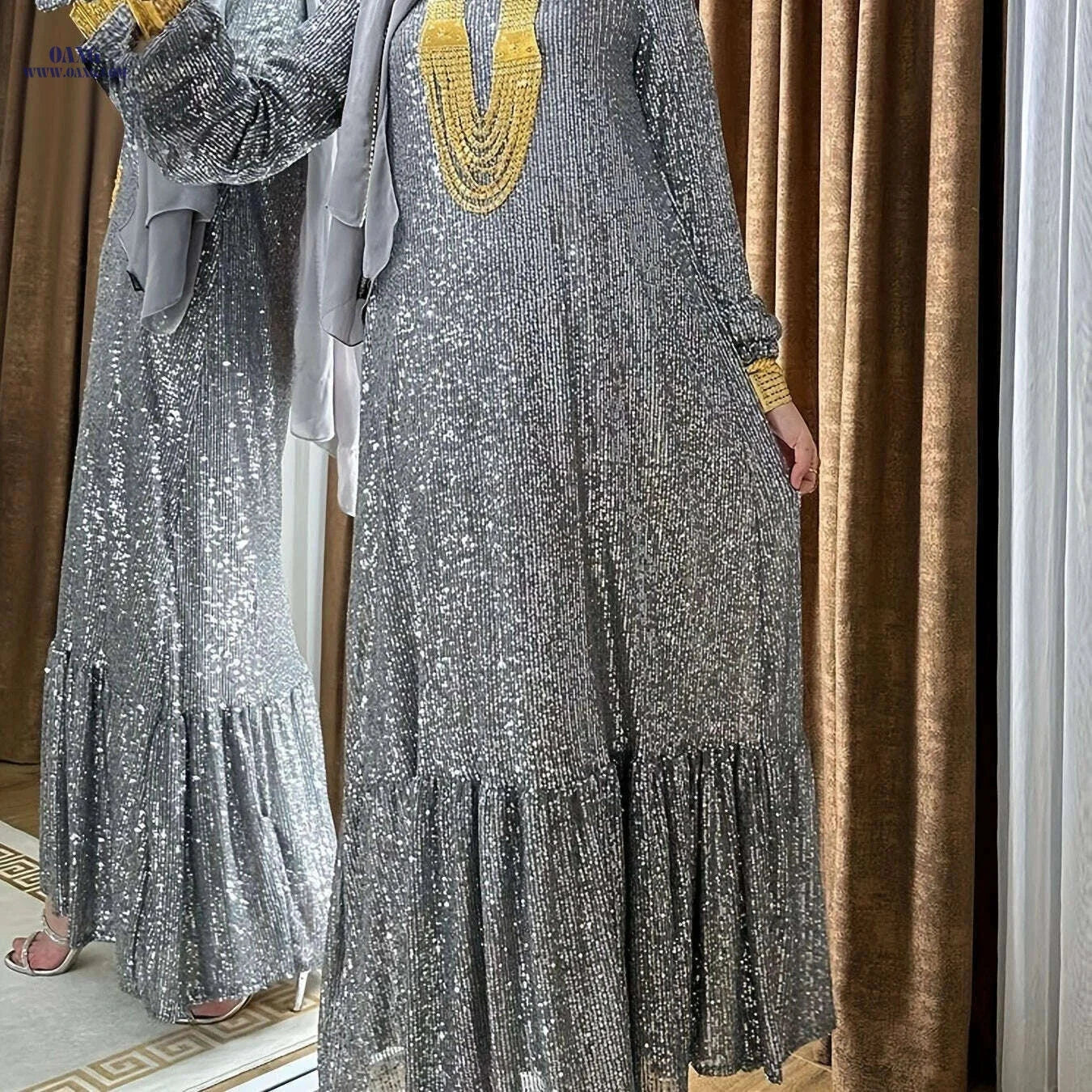 Elegant Sequined Lantern Sleeve Kaftan Dress - Maxi Length Women's Style   OAXG Black / S