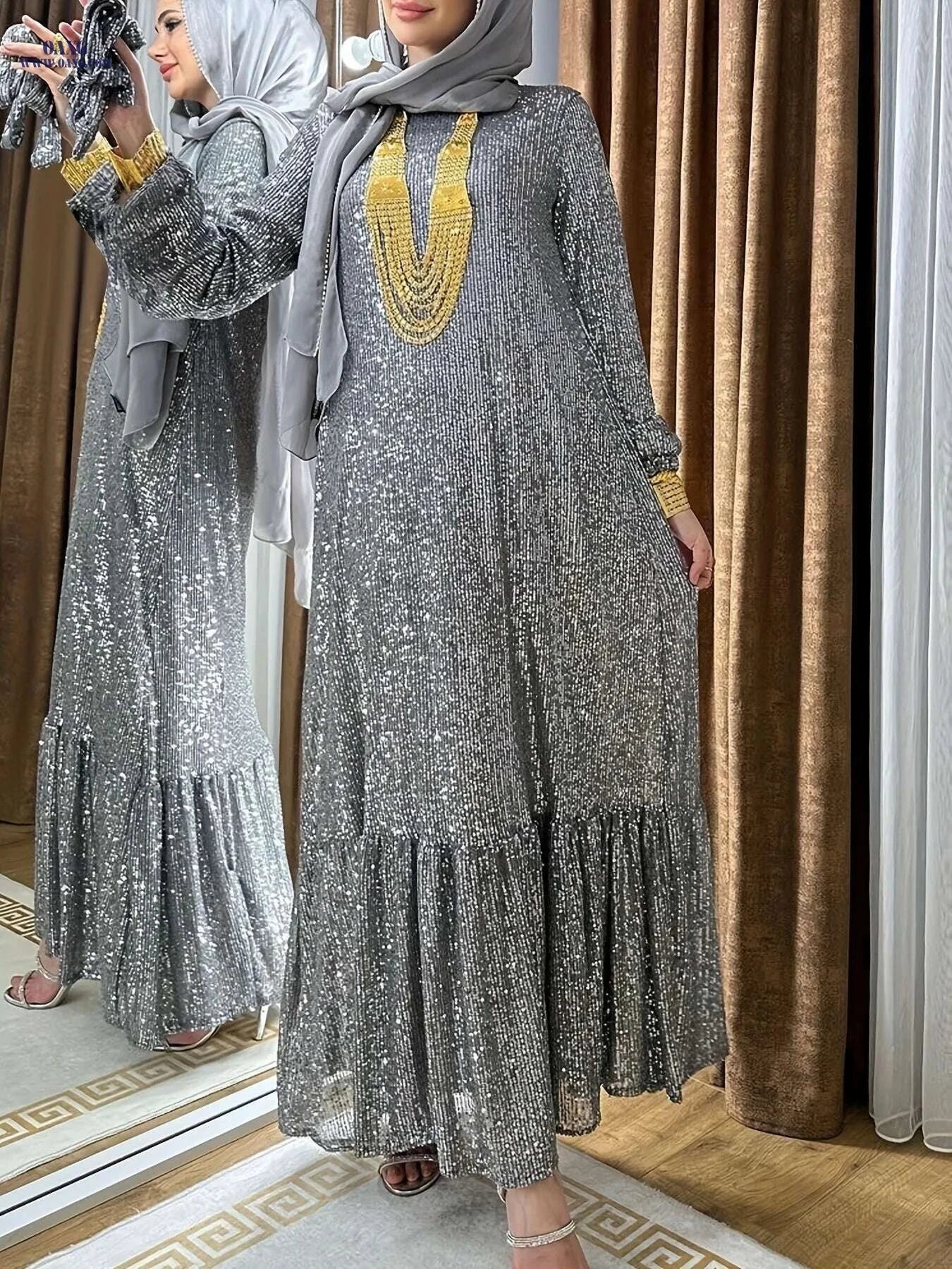 Elegant Sequined Lantern Sleeve Kaftan Dress - Maxi Length Women's Style   OAXG Black / S
