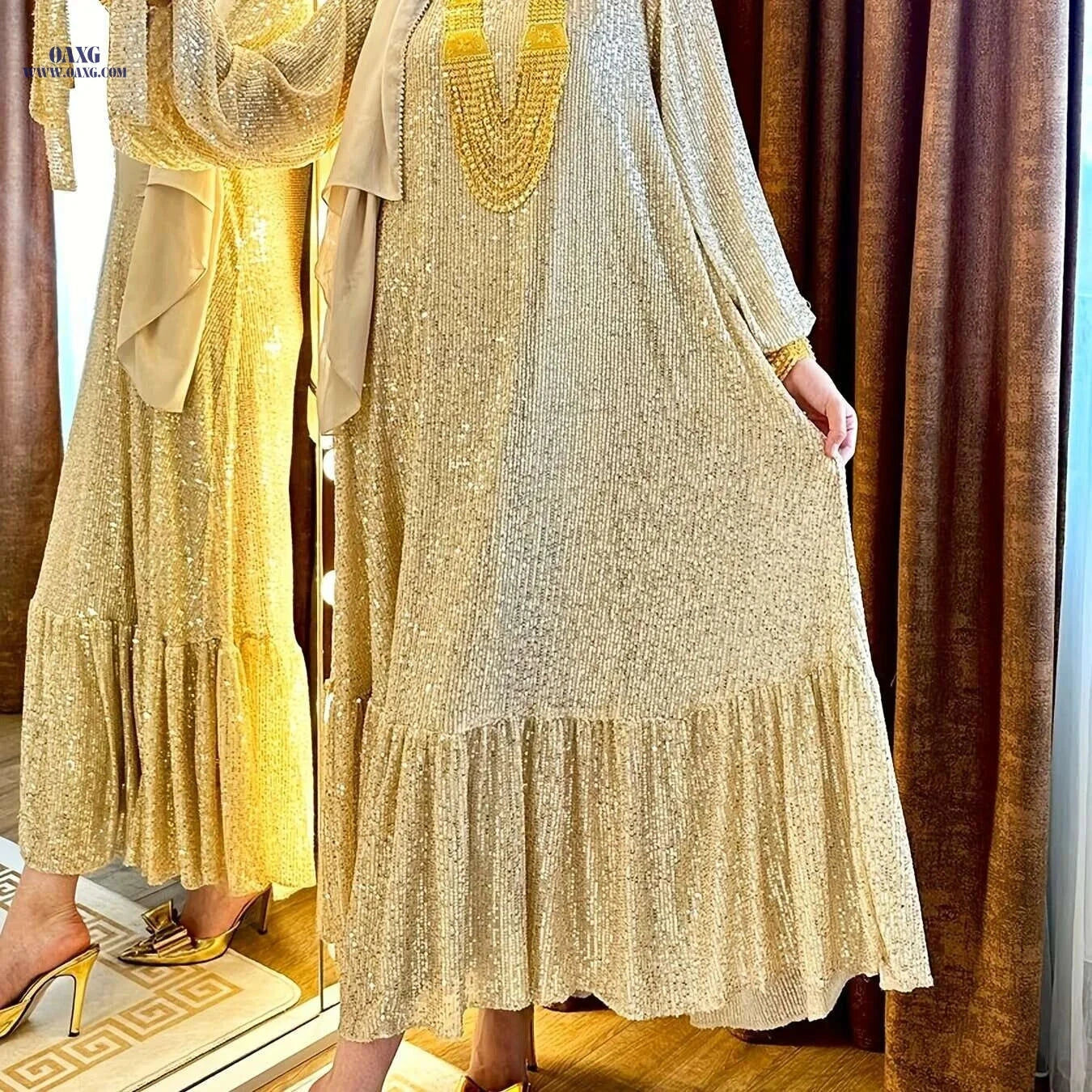 Elegant Sequined Lantern Sleeve Kaftan Dress - Maxi Length Women's Style   OAXG 