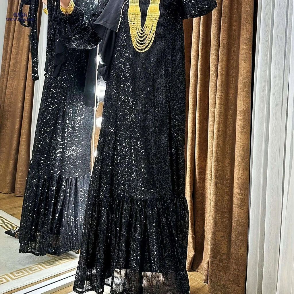Elegant Sequined Lantern Sleeve Kaftan Dress - Maxi Length Women's Style   OAXG 