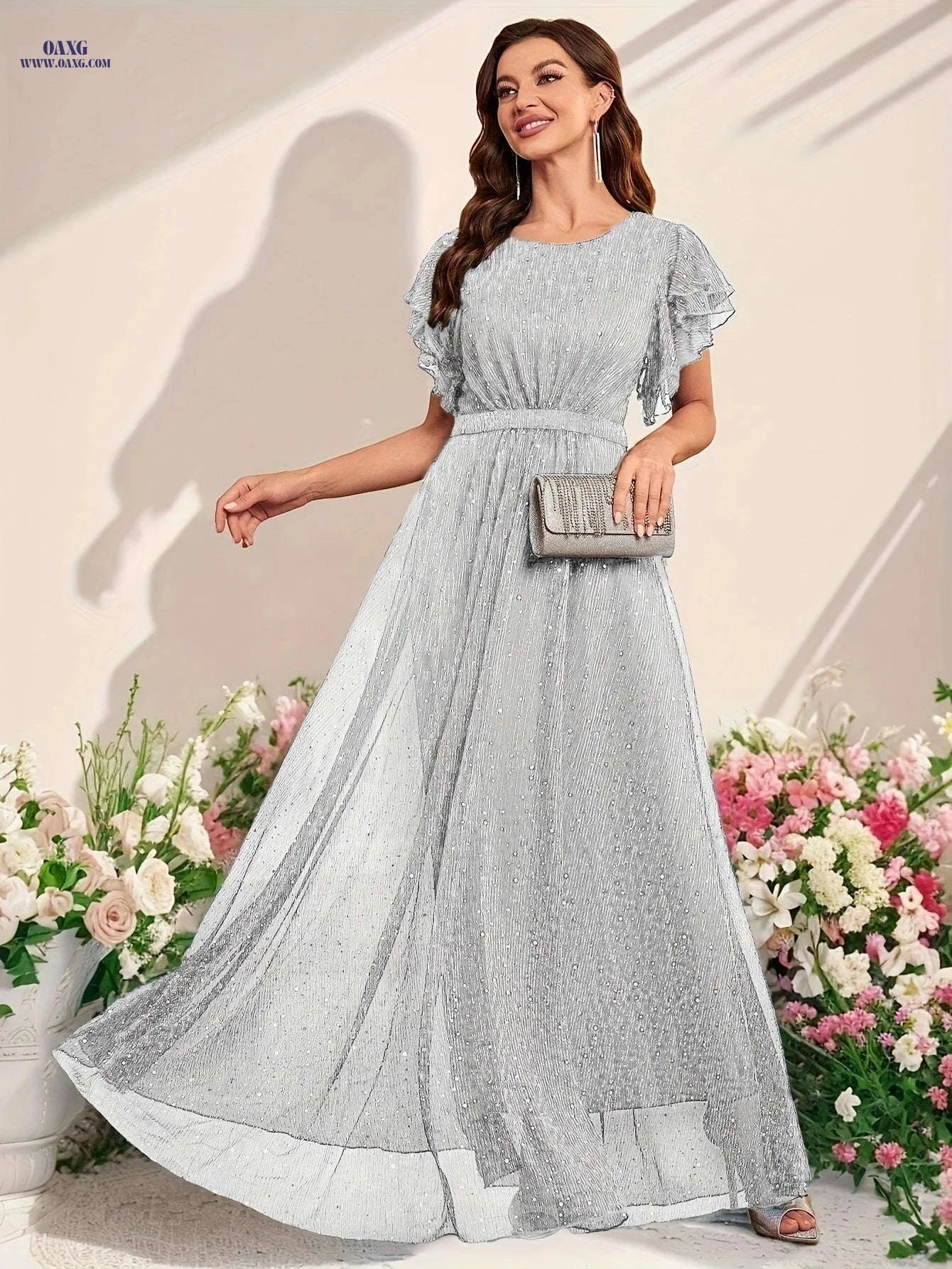 Elegant Sequined Ruffled Dress for Women - Perfect for Parties & Events   OAXG Light Blue / S