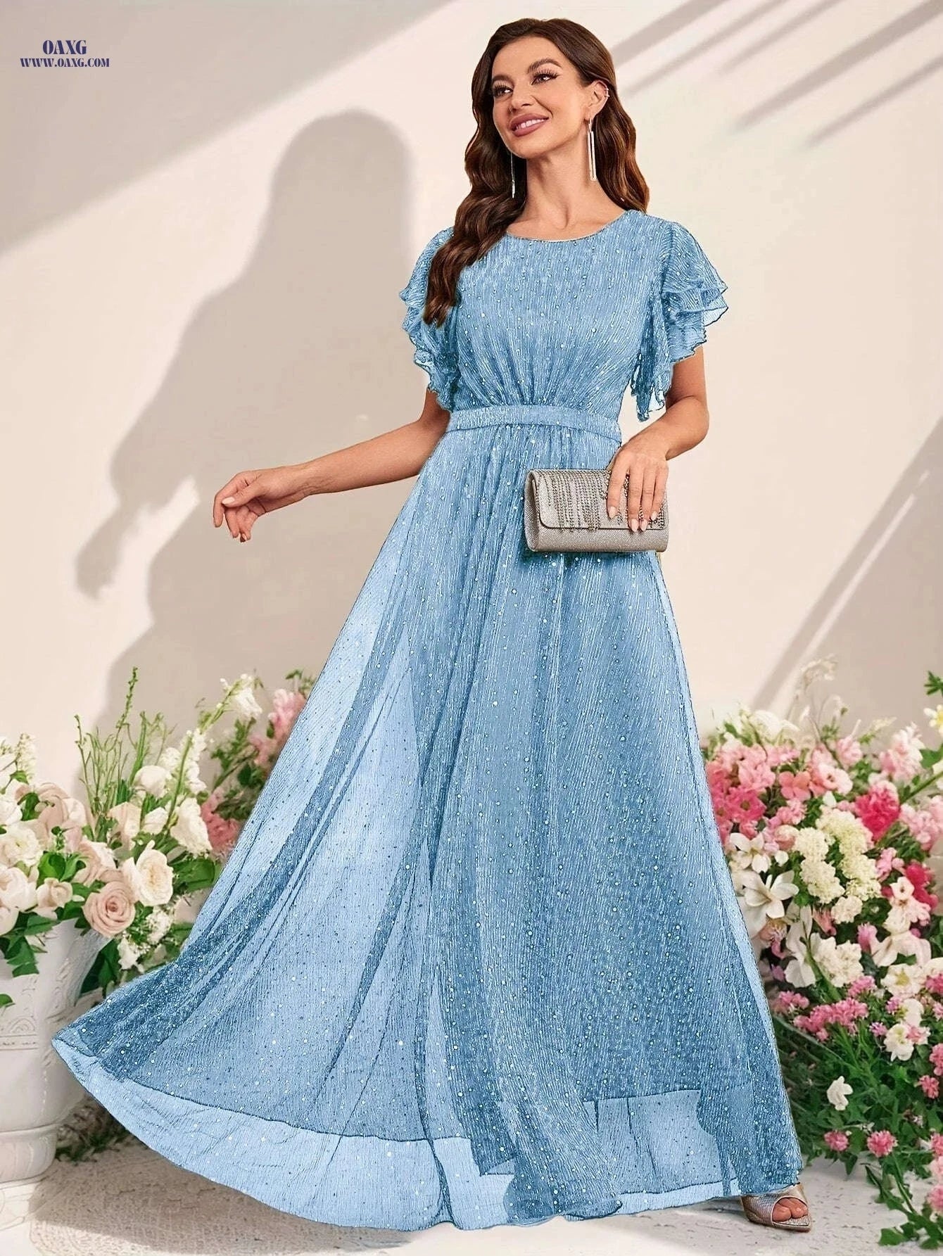 Elegant Sequined Ruffled Dress for Women - Perfect for Parties & Events   OAXG Light Blue / S