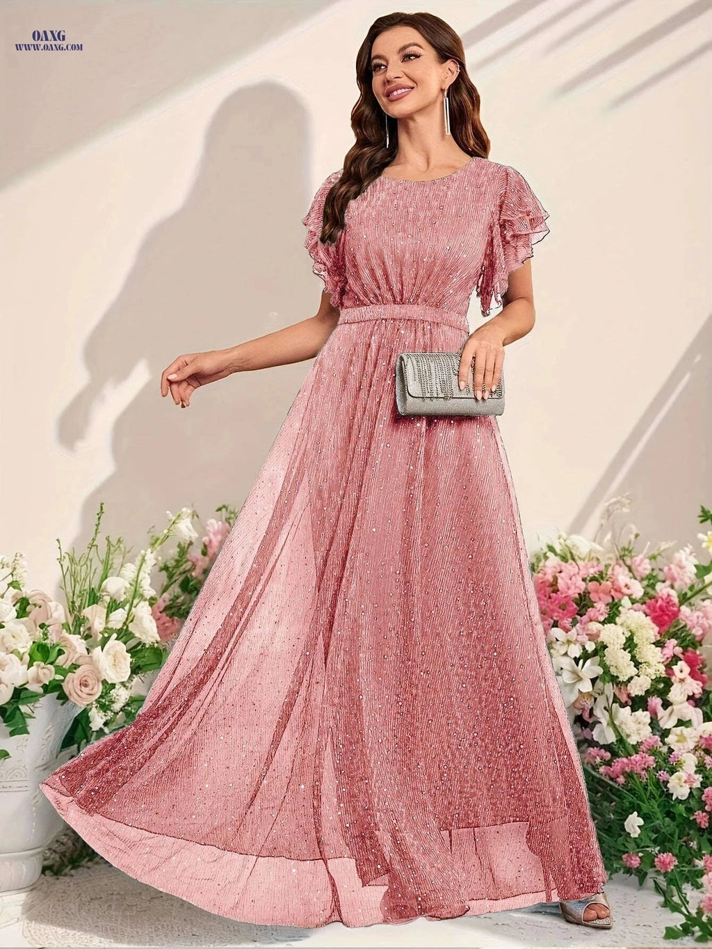 Elegant Sequined Ruffled Dress for Women - Perfect for Parties & Events   OAXG Light Blue / S