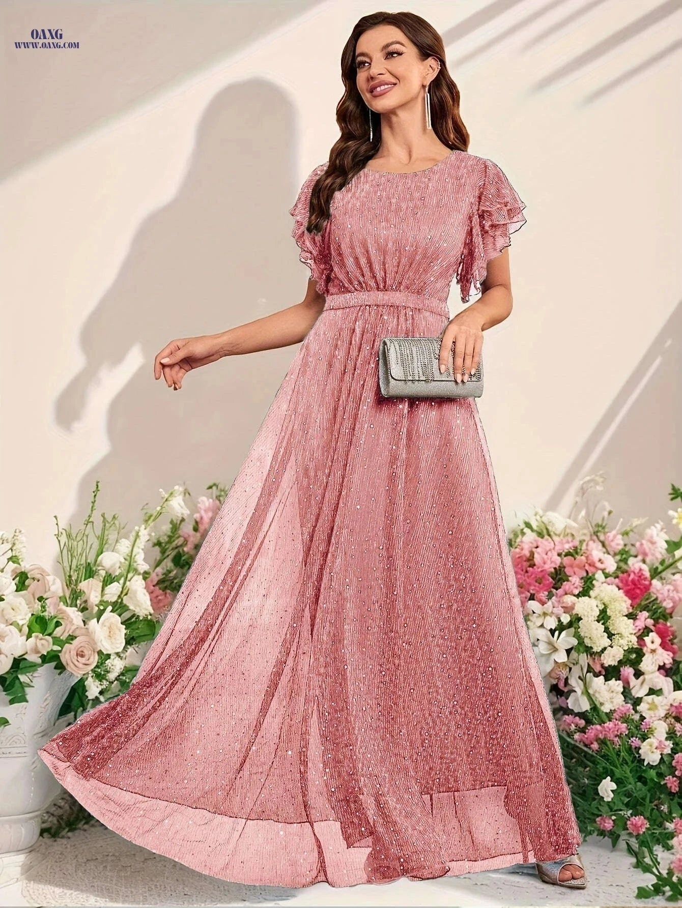 Elegant Sequined Ruffled Dress for Women - Perfect for Parties & Events   OAXG Light Blue / S