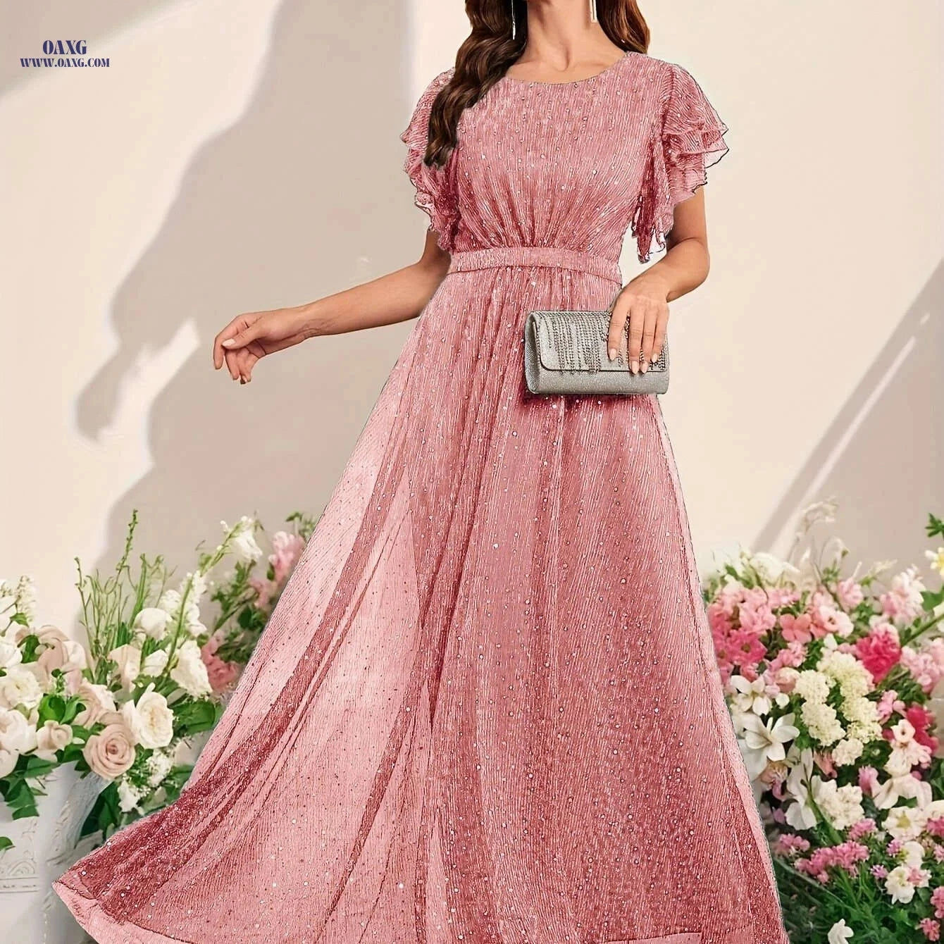 Elegant Sequined Ruffled Dress for Women - Perfect for Parties & Events   OAXG Light Blue / S