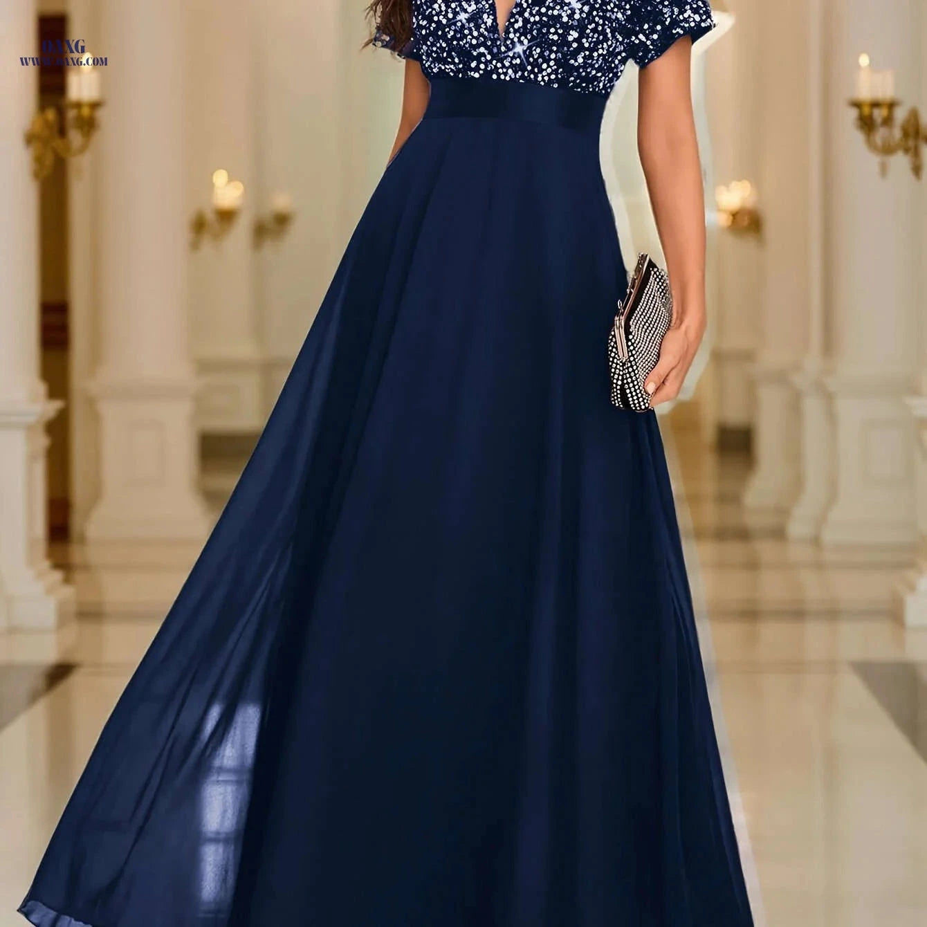 Elegant Sequined Spliced Dress - V-Neck Short Sleeve for Events   OAXG 