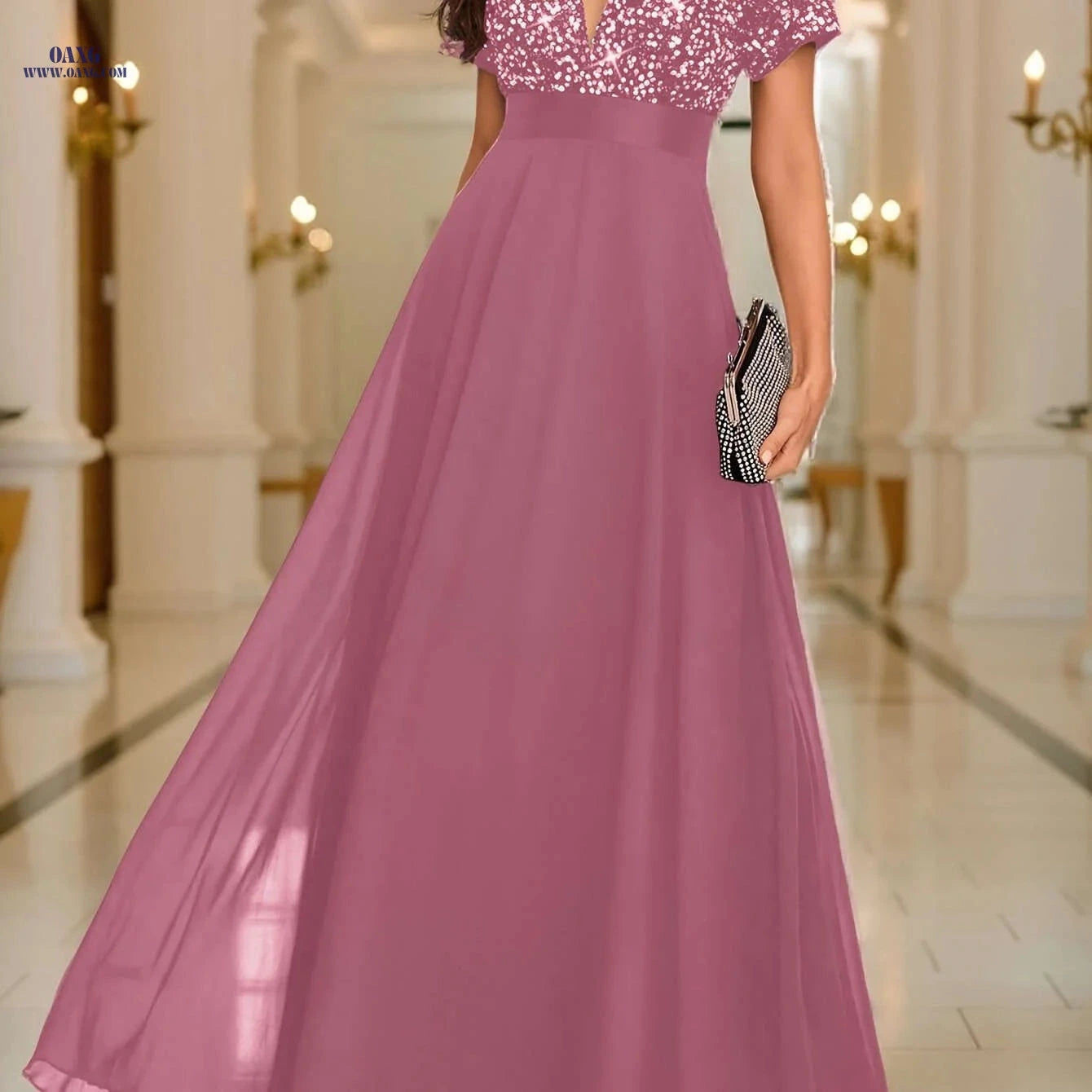 Elegant Sequined Spliced Dress - V-Neck Short Sleeve for Events   OAXG 