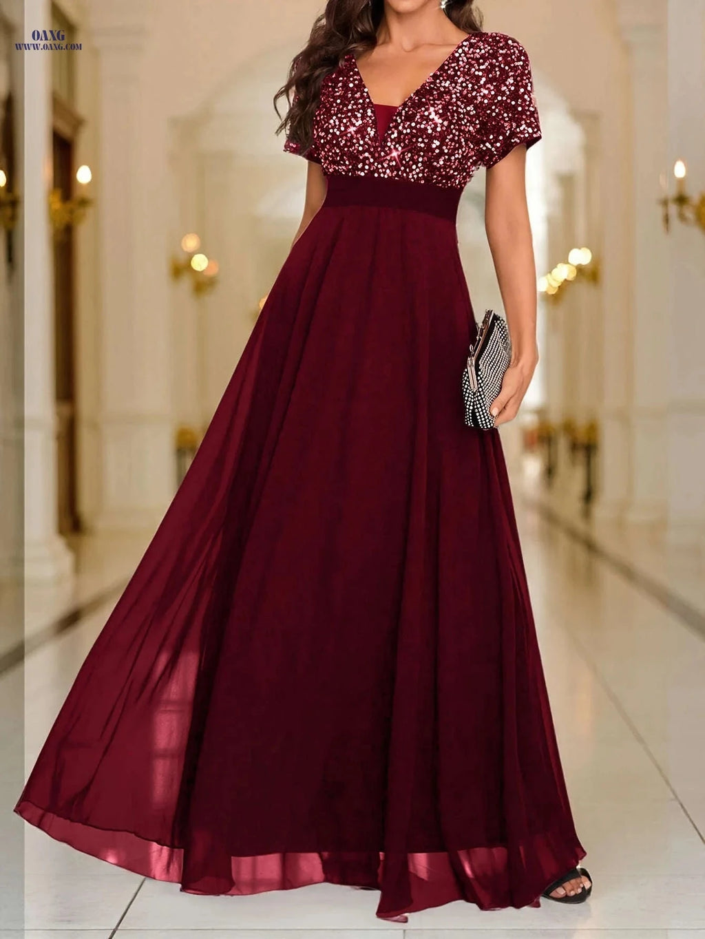 Elegant Sequined Spliced Dress - V-Neck Short Sleeve for Events   OAXG 