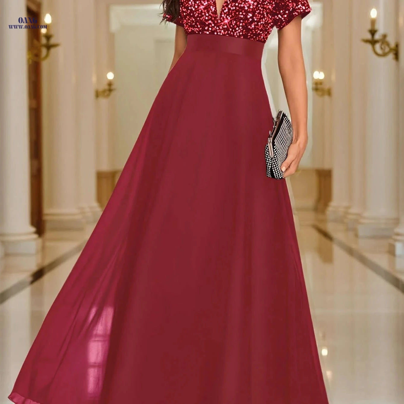 Elegant Sequined Spliced Dress - V-Neck Short Sleeve for Events   OAXG Dark Green / S