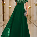 Elegant Sequined Spliced Dress - V-Neck Short Sleeve for Events   OAXG Dark Green / S
