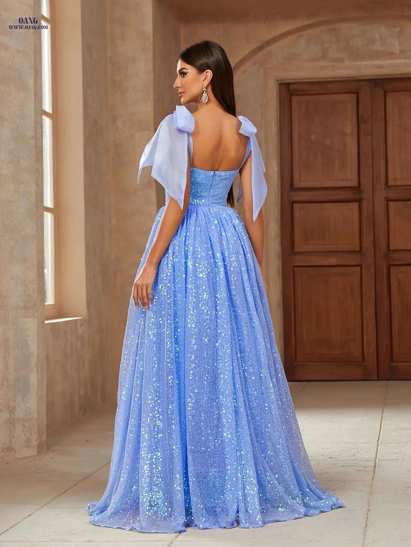 Elegant Sequined Square Neck Dress with Bow Shoulder Straps   OAXG 