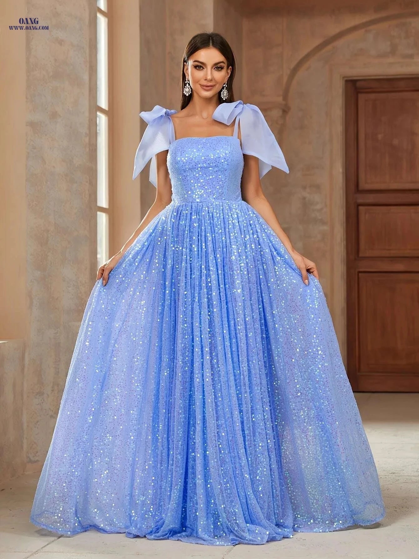Elegant Sequined Square Neck Dress with Bow Shoulder Straps   OAXG Powder blue / XS